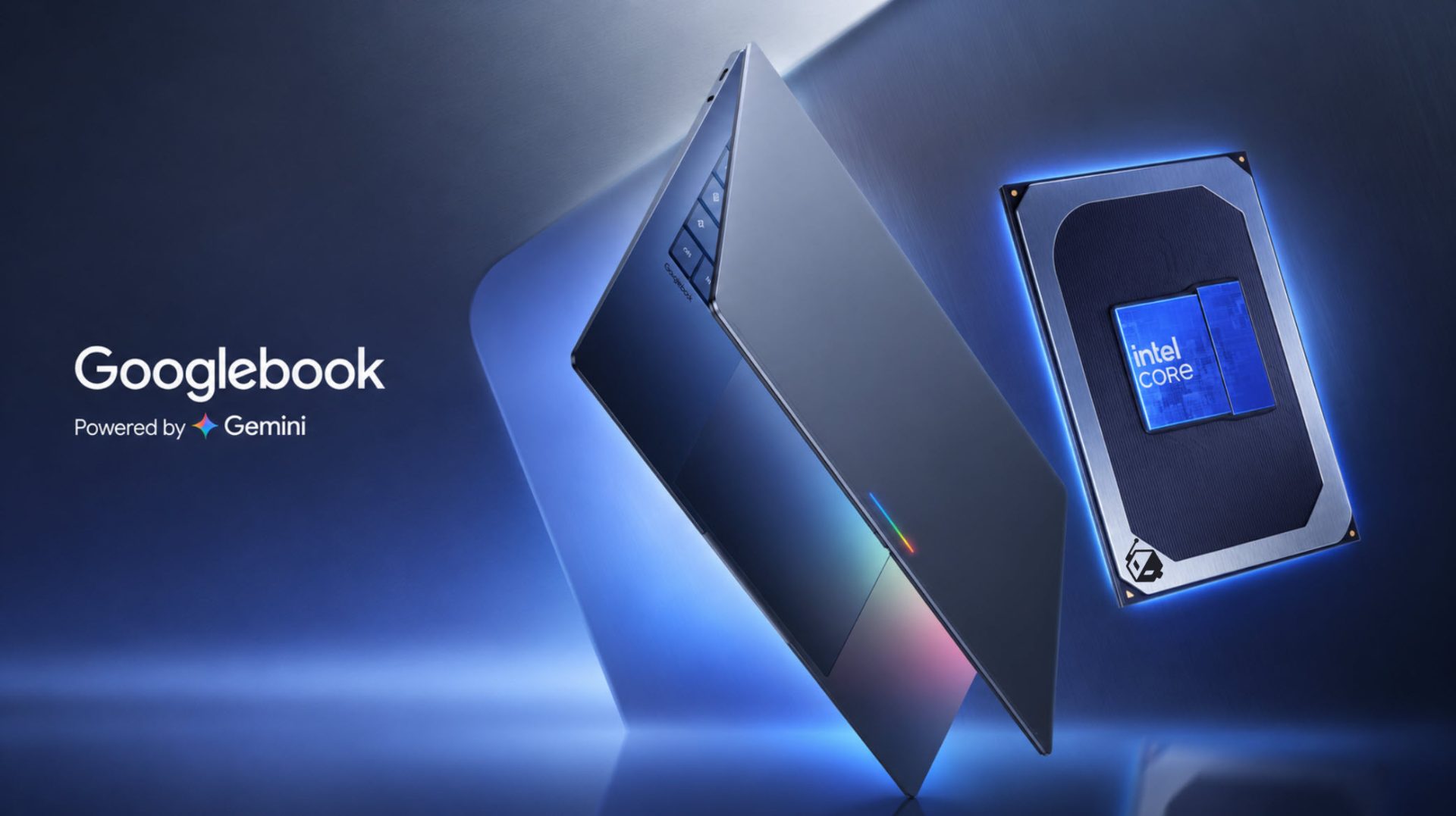 A metallic laptop labeled Googlebook next to an Intel Core processor, under the text 'Powered by Gemini'.