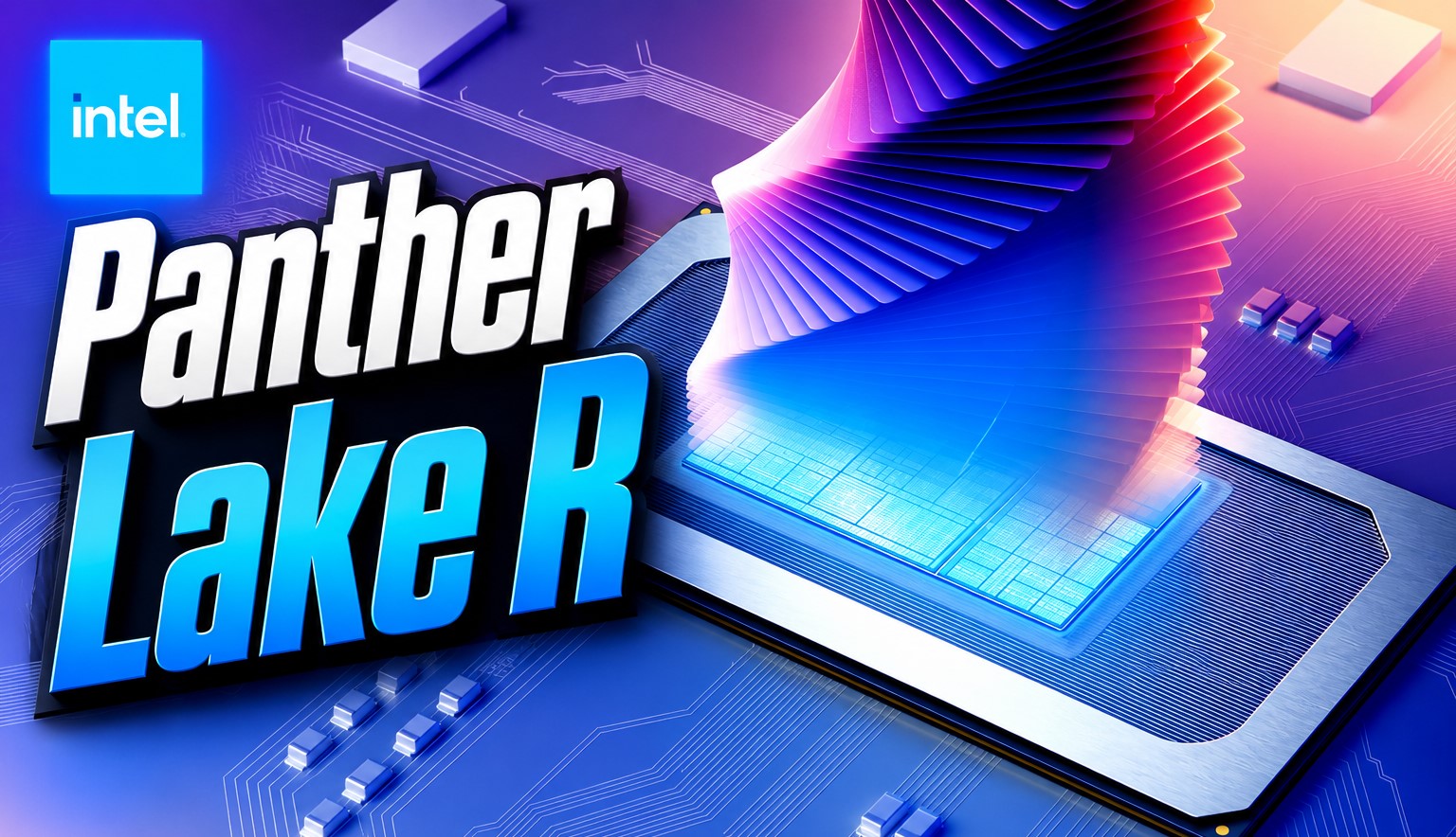 An artistic representation of the Intel Panther Lake R chip with an Intel logo in the corner and a spiral design above the processor.