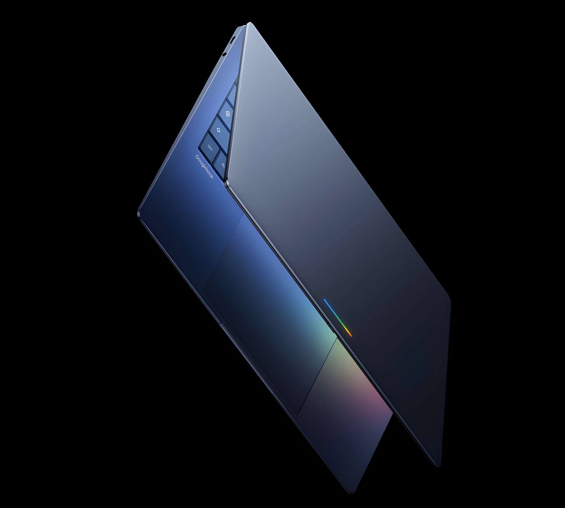 A dark-colored laptop partially open, featuring the ASUS ROG logo on the keyboard and a rainbow-colored light strip on the lid against a black background.