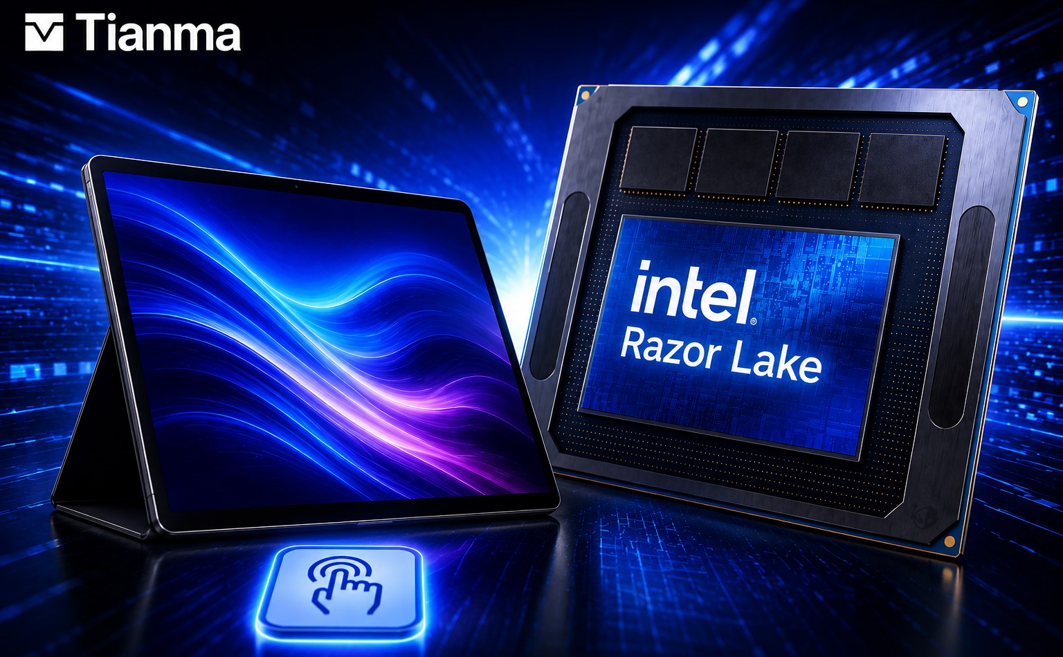 A Tianma tablet is displayed alongside an 'Intel Razor Lake' chip with a glowing touch icon in the foreground.