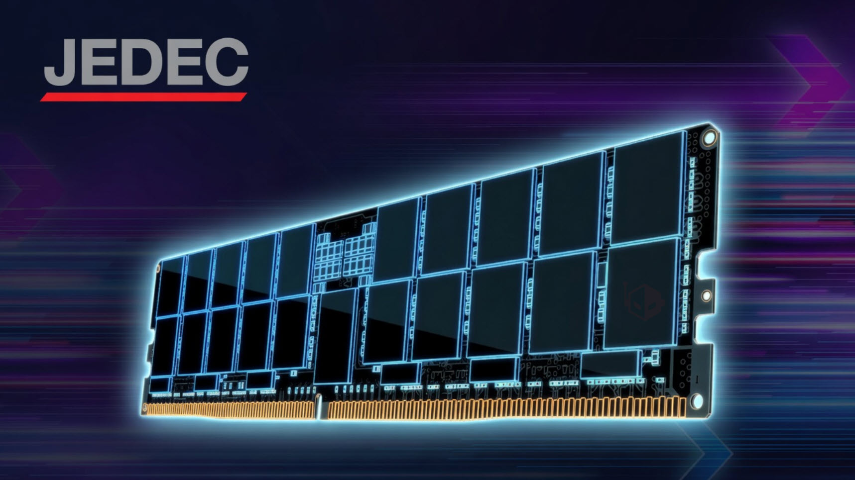 An illustrated JEDEC RAM module is shown against a futuristic, digital background.