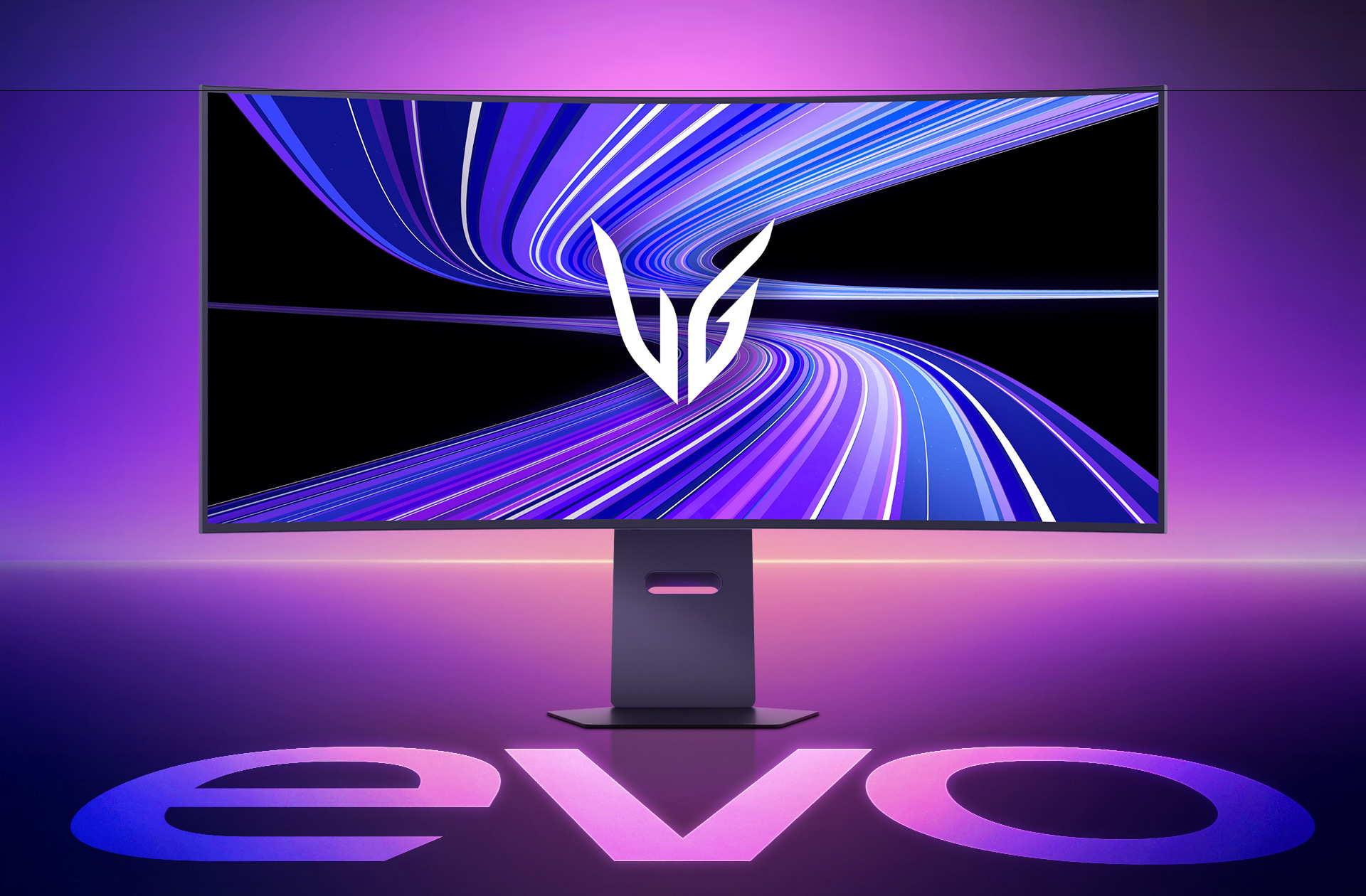 A curved LG UltraGear gaming monitor displays purple and blue light streaks with the LG logo, positioned above the word 'evo' in the illuminated background.