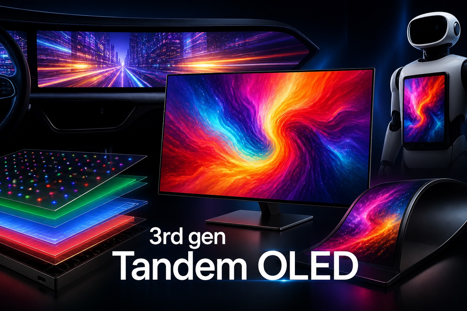 A futuristic display setup featuring '3rd gen Tandem OLED' with vibrant swirling colors on a monitor, flexible screen, and embedded in a robot and car dashboard.