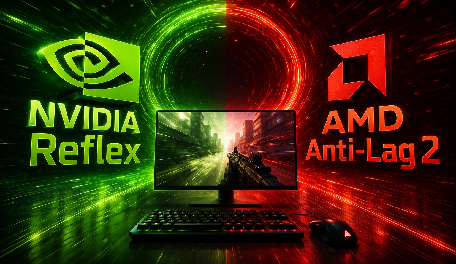 A gaming setup with a monitor displaying a first-person shooter is surrounded by green and red graphics, featuring the logos and text for 'NVIDIA Reflex' and 'AMD Anti-Lag 2'.
