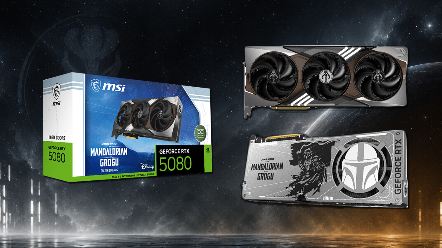 An MSI GeForce RTX 5080 graphics card featuring 'Star Wars Mandalorian and Grogu' theme is displayed with its box showing '16GB GDDR7' and 'OC Edition'.