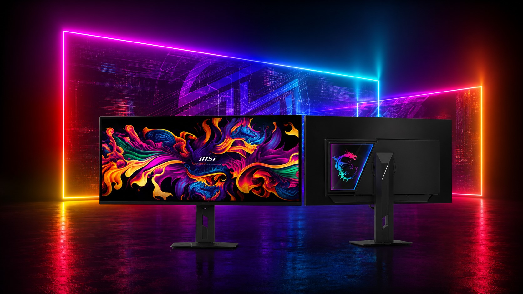 Two MSI monitors displaying vibrant abstract designs with colorful backlighting in a dark setting.
