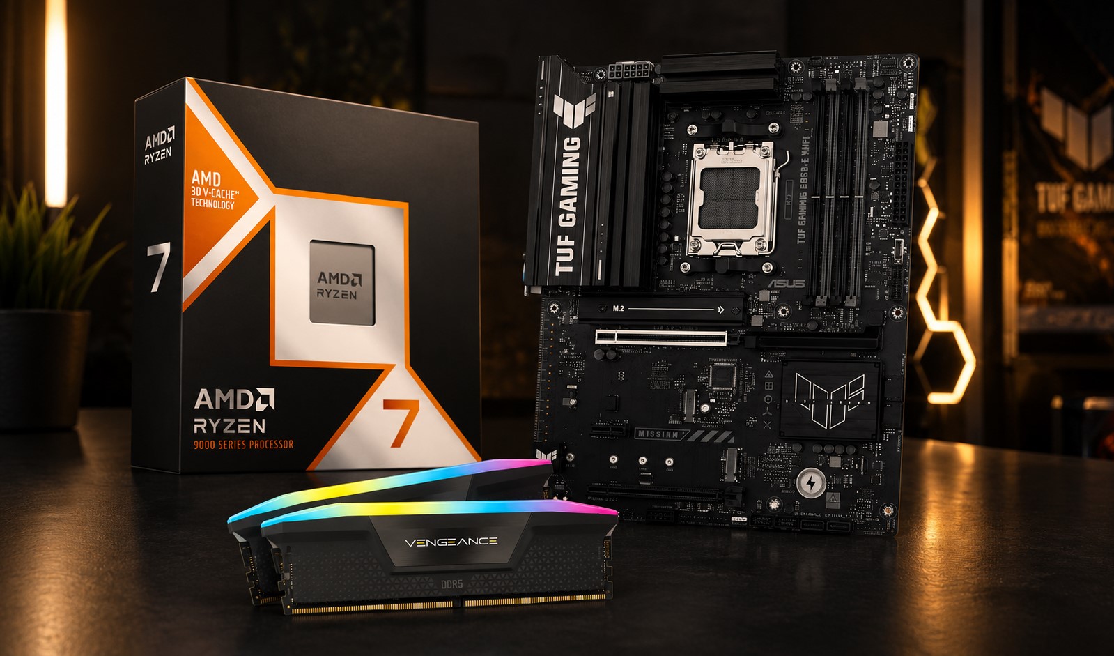 An AMD Ryzen 7 9000 Series Processor box next to an ASUS TUF Gaming motherboard and Corsair Vengeance DDR5 RAM.