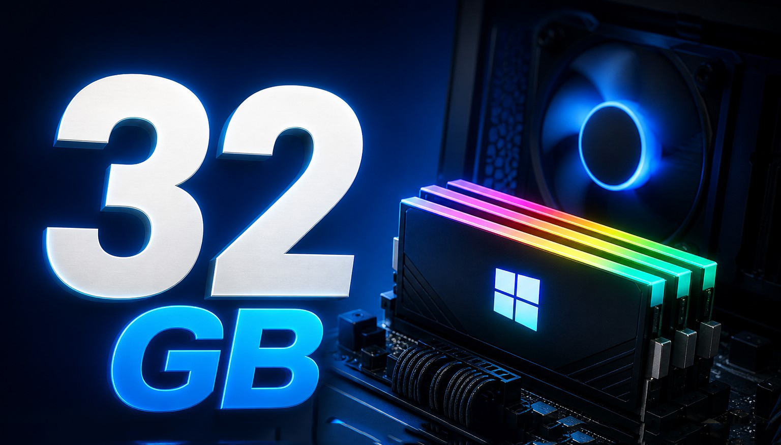 A close-up of RGB-lit RAM sticks with a Windows logo inside a PC case, next to large illuminated text reading '32 GB'.