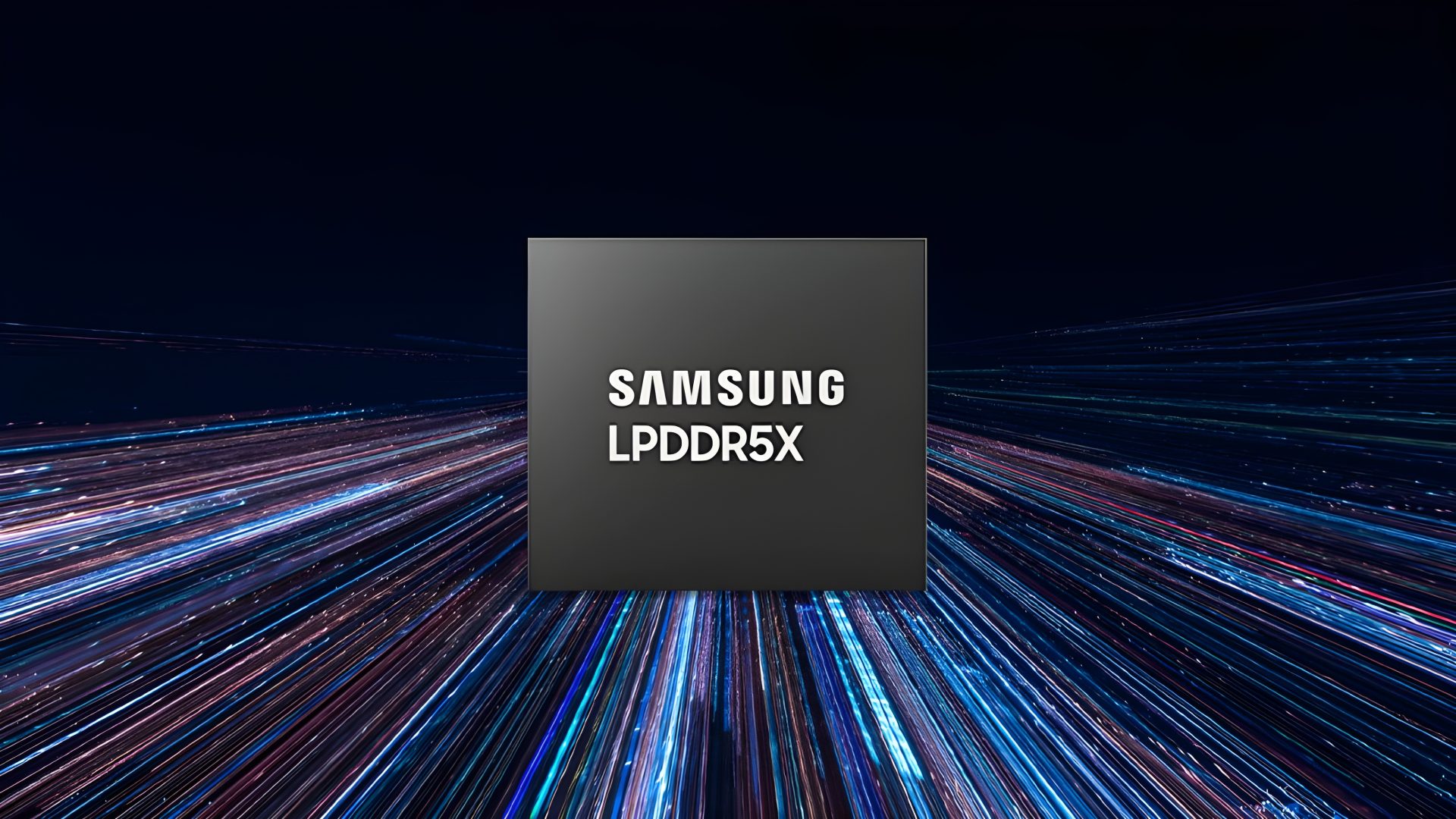 Samsung LPDDR5X chip hovering over a digital data flow background.