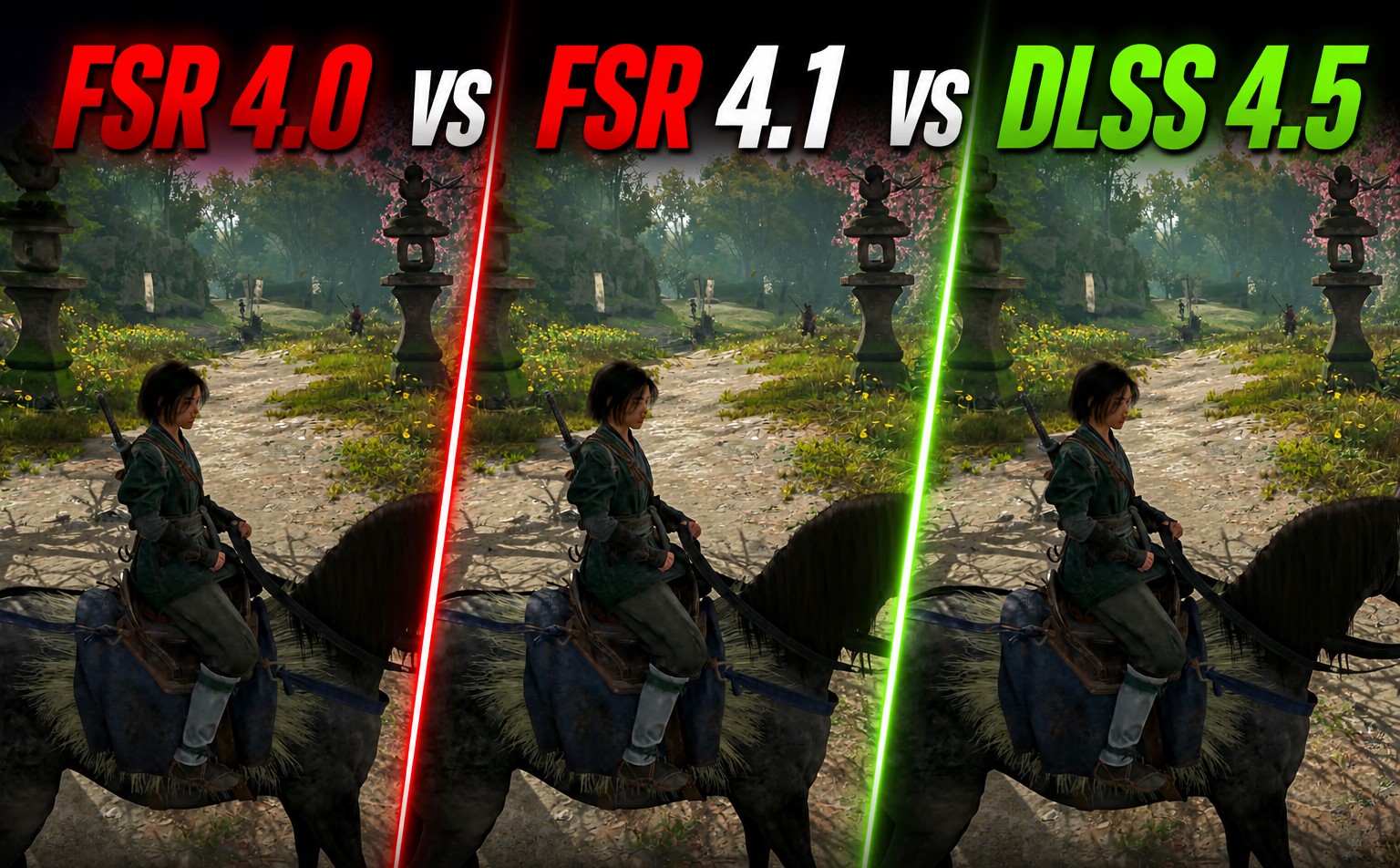 A comparison image shows a character on horseback in a game landscape with text 'FSR 4.0 vs FSR 4.1 vs DLSS 4.5' highlighting visual differences.