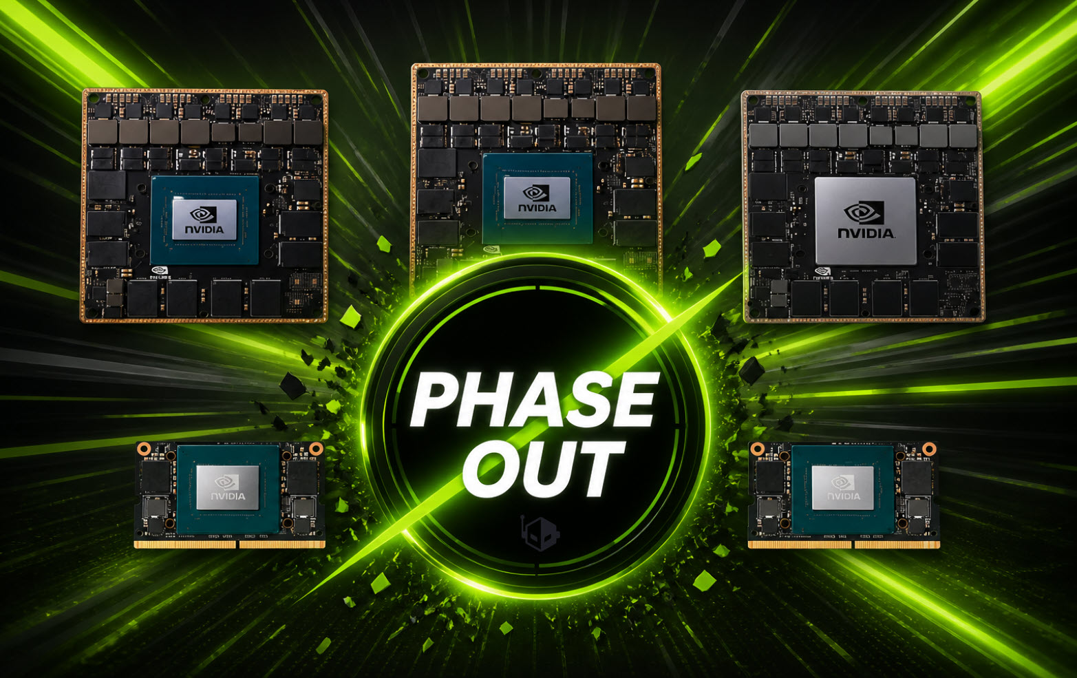 Five NVIDIA GPUs are arranged around a central graphic with the text 'PHASE OUT' surrounded by green energy beams and digital effects.