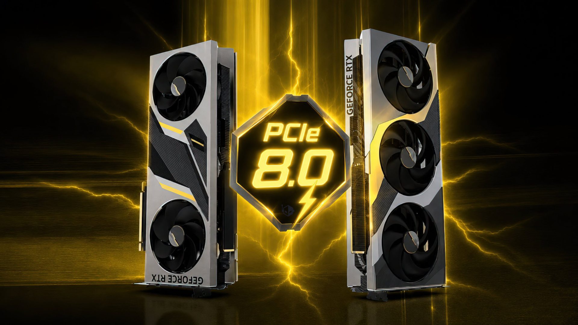 Two NVIDIA GeForce RTX graphics cards with a prominent 'PCIe 8.0' logo between them, set against a yellow lightning-themed background.