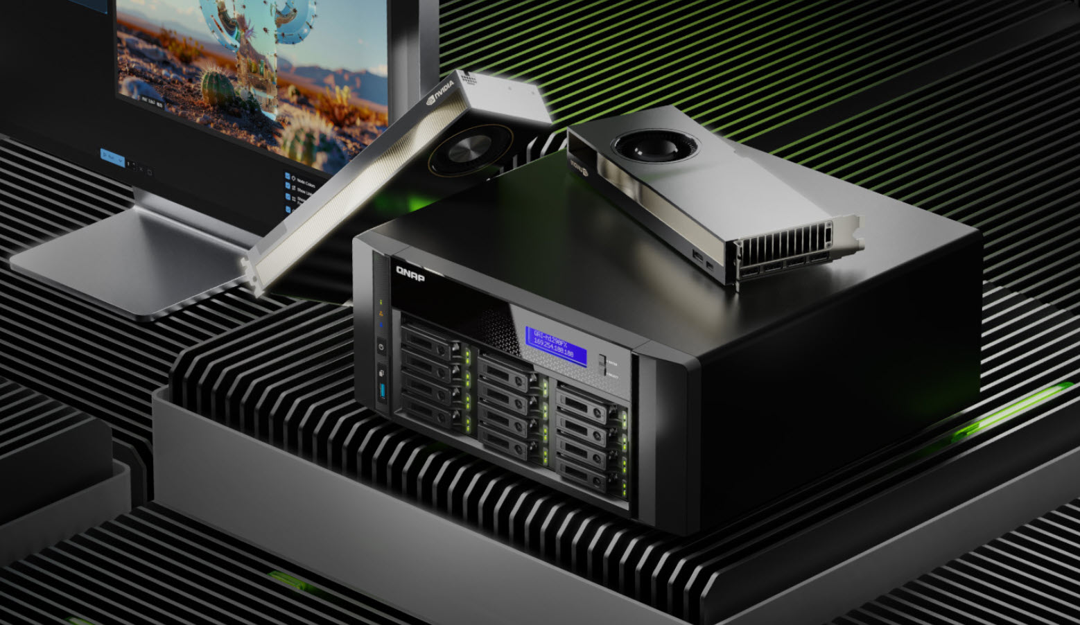 Two NVIDIA GPUs are placed on a QNAP storage unit, with a monitor displaying a desert scene in the background.