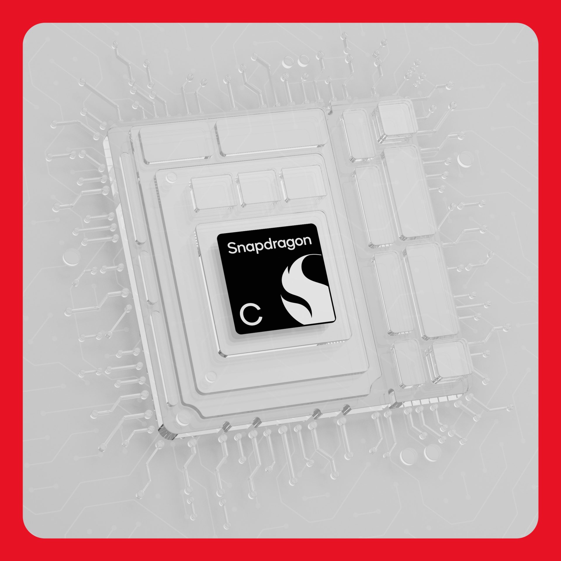 A transparent microchip with a visible Qualcomm Snapdragon logo labeled 'C'.