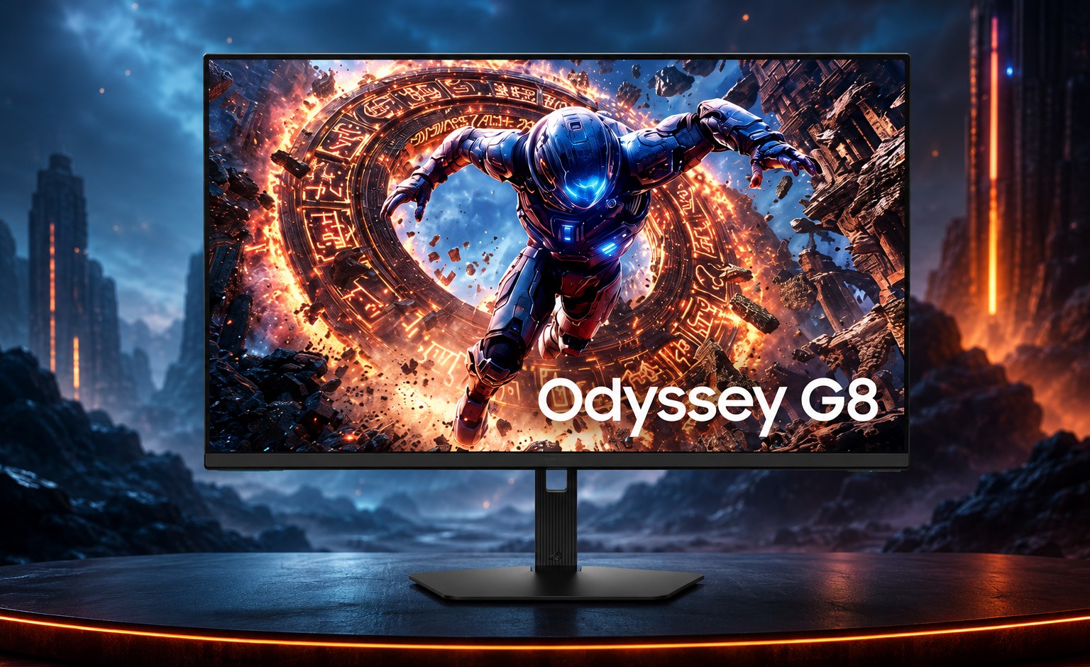 A Samsung Odyssey G8 gaming monitor displays a futuristic scene with a figure in armor emerging from a fiery portal, set in a rocky landscape.