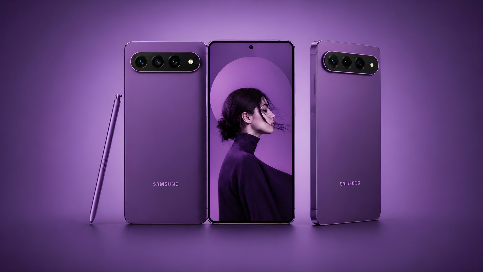 Three Samsung Galaxy smartphones and a stylus are displayed in purple, featuring a portrait of a woman on the center screen.