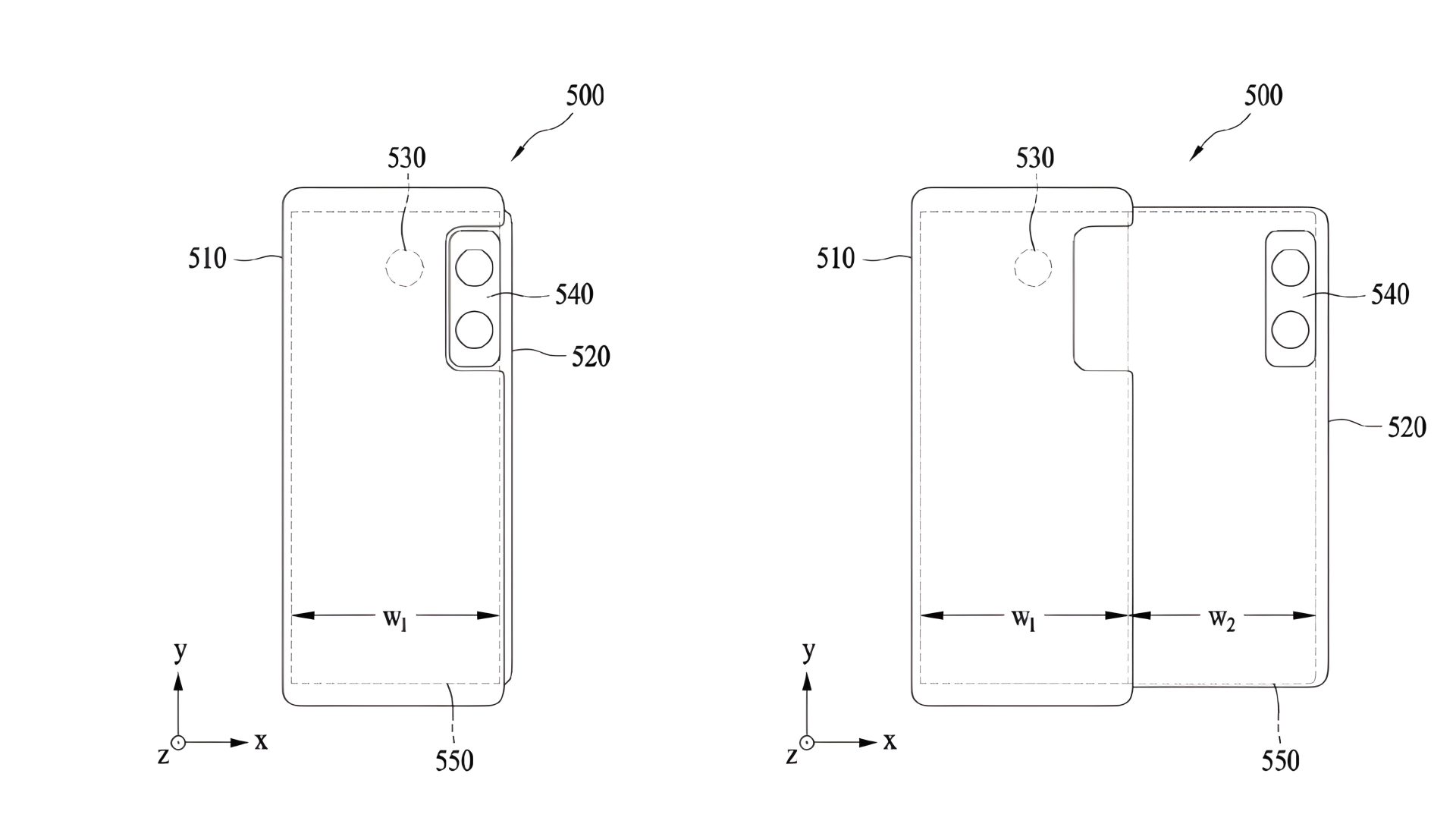 A technical diagram shows a smartphone design labeled with components: 500, 510 (body), 520 (expanding section), 530 (notch), 540 (camera), and 550 (base), indicating dimensions 'w₁' and 'w₂' on different configurations.