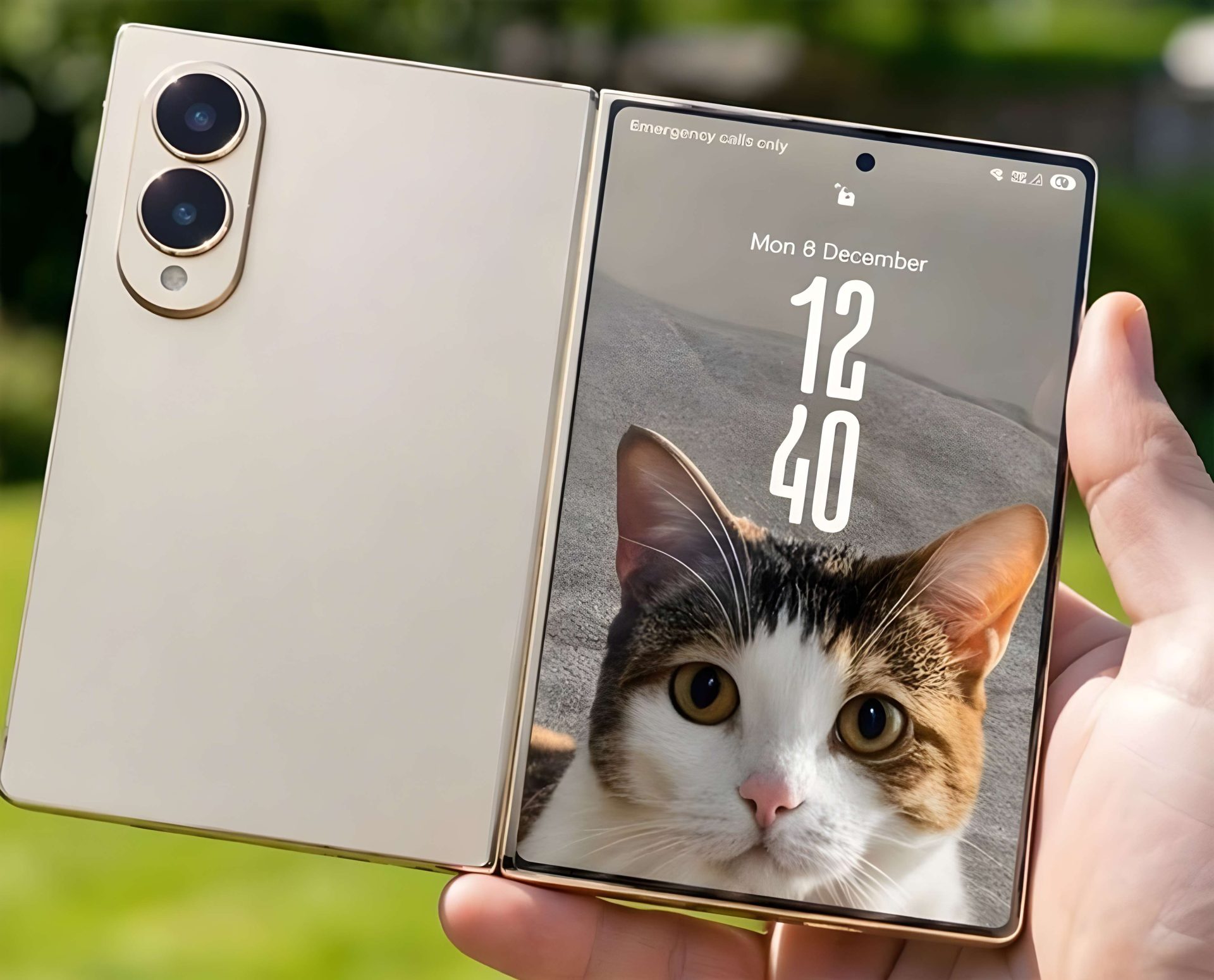 A person holds an unbranded foldable smartphone displaying a cat wallpaper with the time '12:40' and date 'Mon 8 December'.