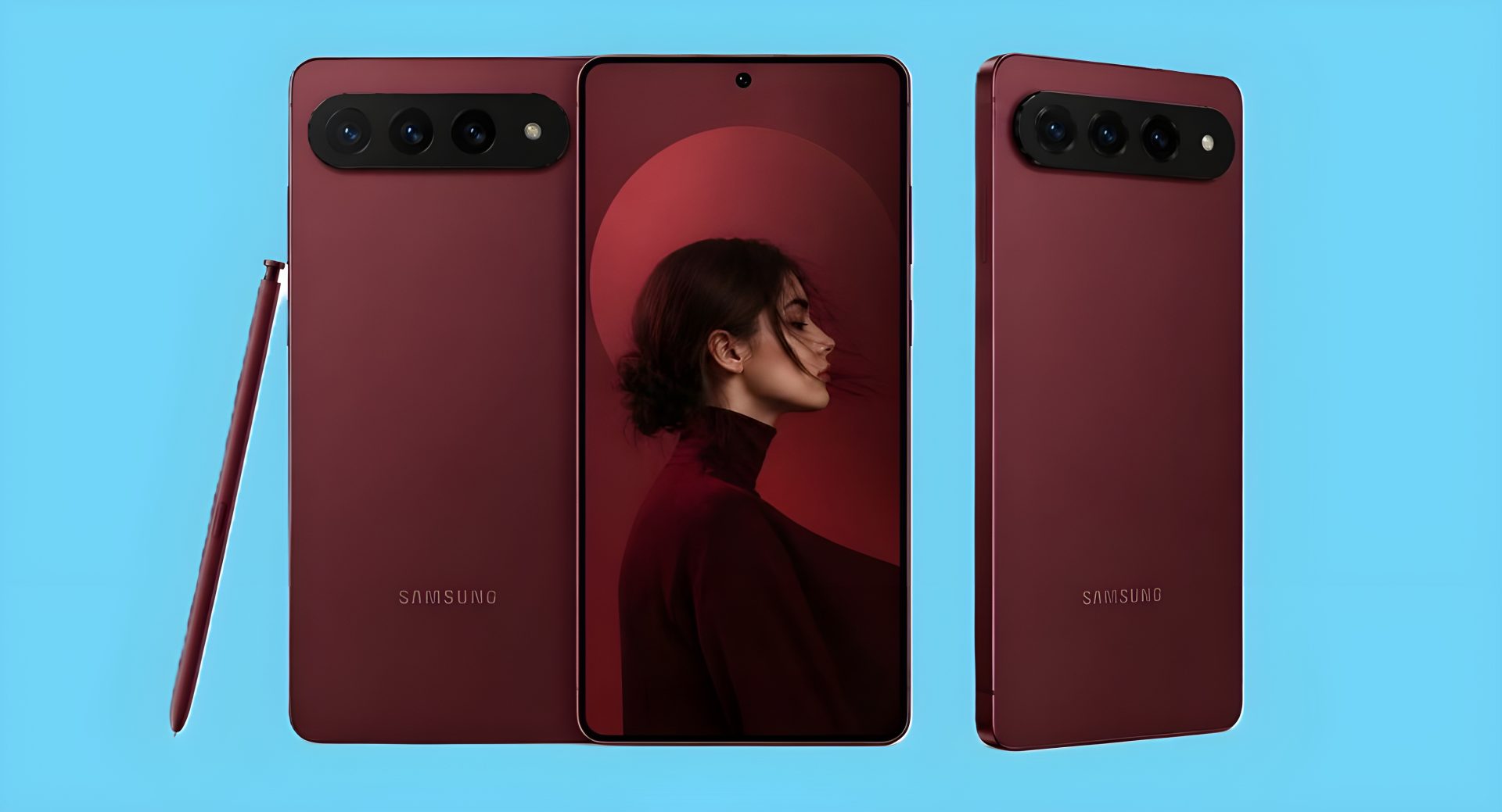 Three Samsung Galaxy smartphones in burgundy color are displayed, one showing a woman on its screen, with a matching stylus beside one device.