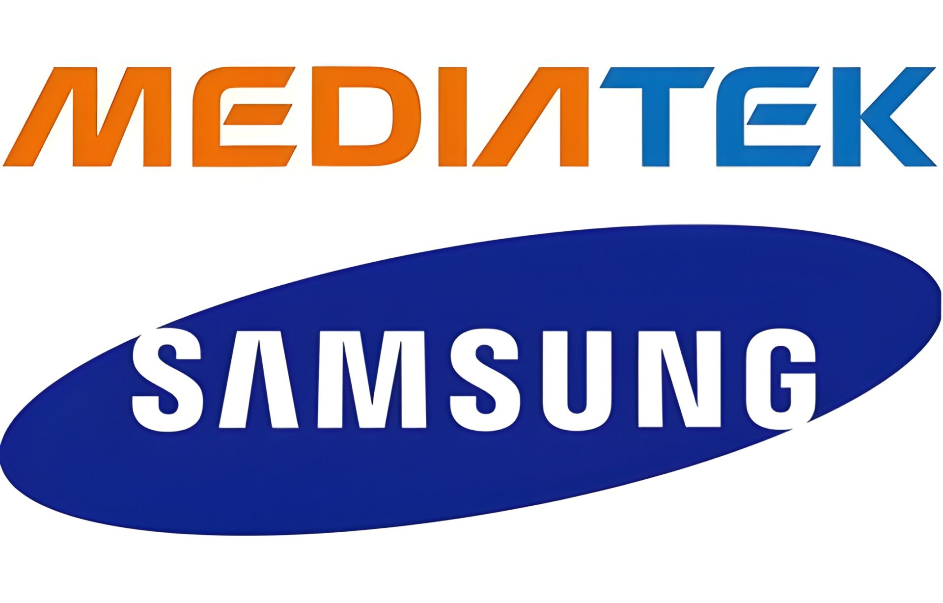 Logos for MediaTek and Samsung, with MediaTek's in orange and Samsung's in white on a blue ellipse.
