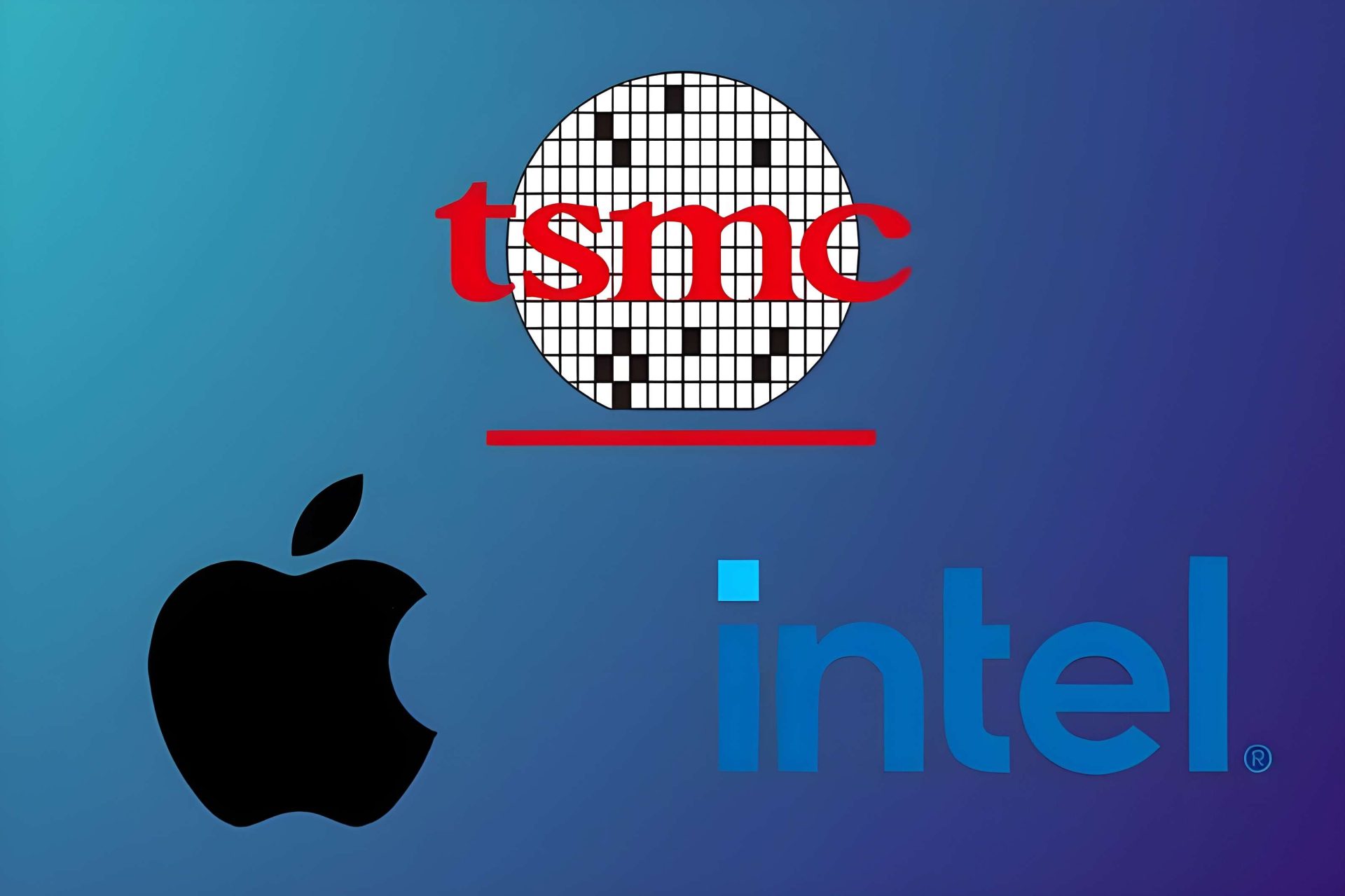 Logos of TSMC, Apple, and Intel are displayed on a blue gradient background.