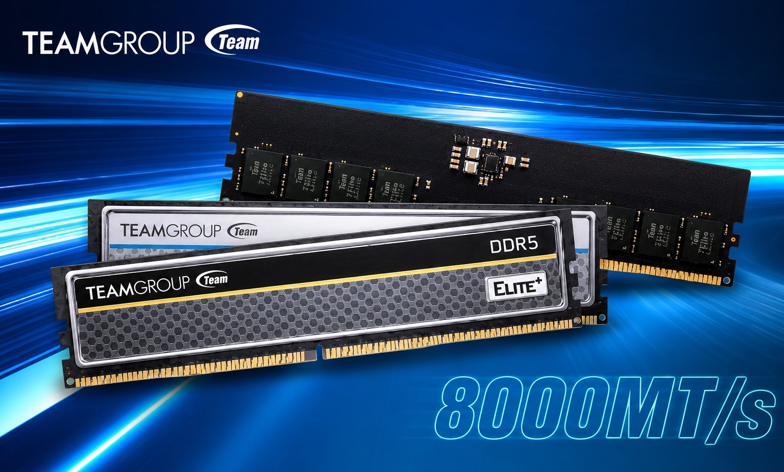 TEAMGROUP Elite+ DDR5 RAM displayed with a speed of '8000MT/s' against a blue abstract background.