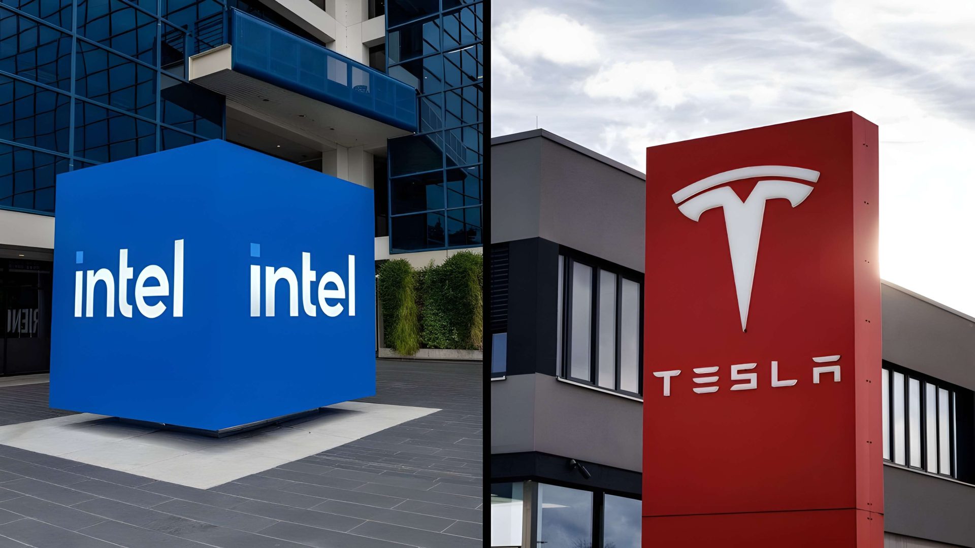 A split image showing an Intel building with a large blue 'intel' sign on the left and a Tesla building with a red 'TESLA' sign on the right.
