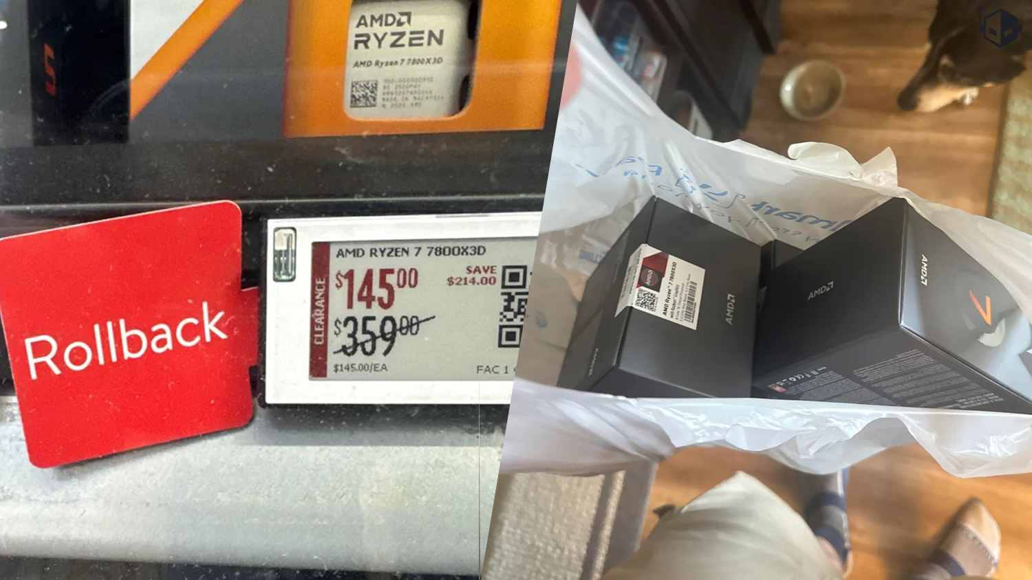 A store display shows the AMD Ryzen 7 7800X3D CPU with a 'Rollback' sign and a reduced price of $145 from $359, alongside boxed units in a shopping bag.