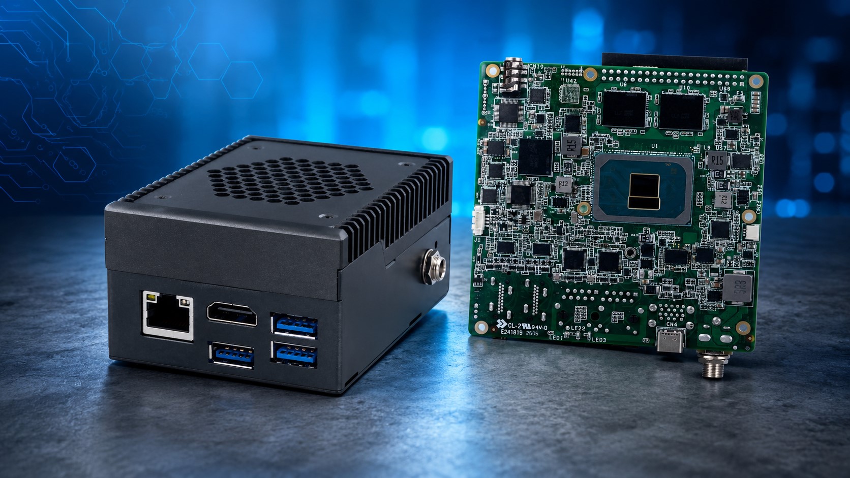 An Intel NUC 13 Extreme Kit with visible input/output ports and its corresponding motherboard featuring a central computing chip, set against a tech-themed background.