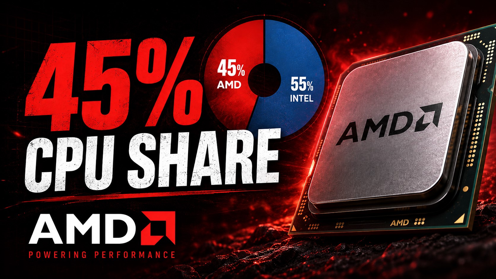 A graphic shows '45% CPU SHARE' with a pie chart indicating AMD holds 45% and Intel 55%, accompanied by an AMD processor and the text 'AMD POWERING PERFORMANCE.'