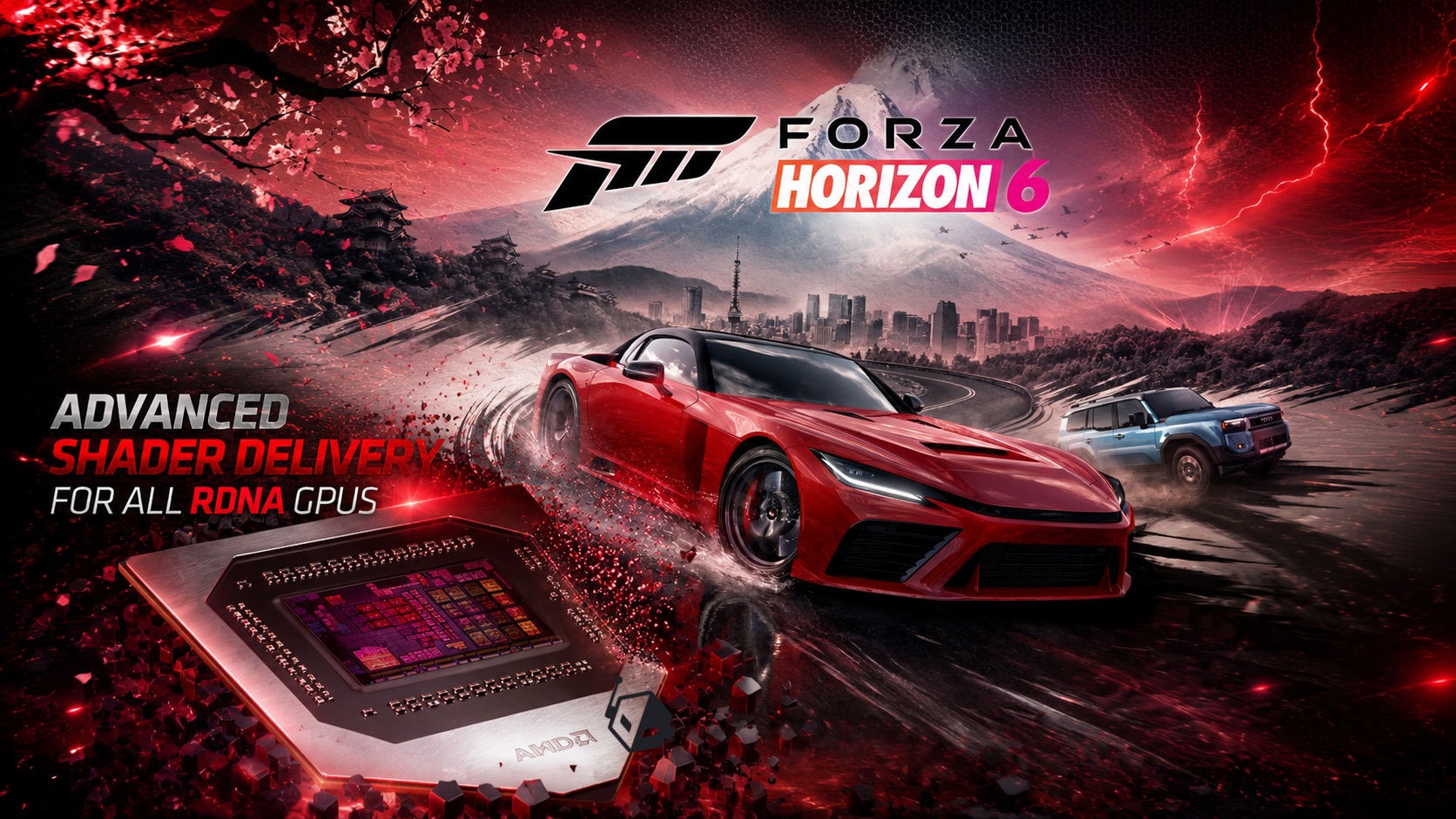 A scene from 'Forza Horizon 6' featuring a red sports car drifting on a mountain road with a cityscape in the background, alongside AMD's RDNA graphics chip and promotional text 'Advanced Shader Delivery for all RDNA GPUs'.