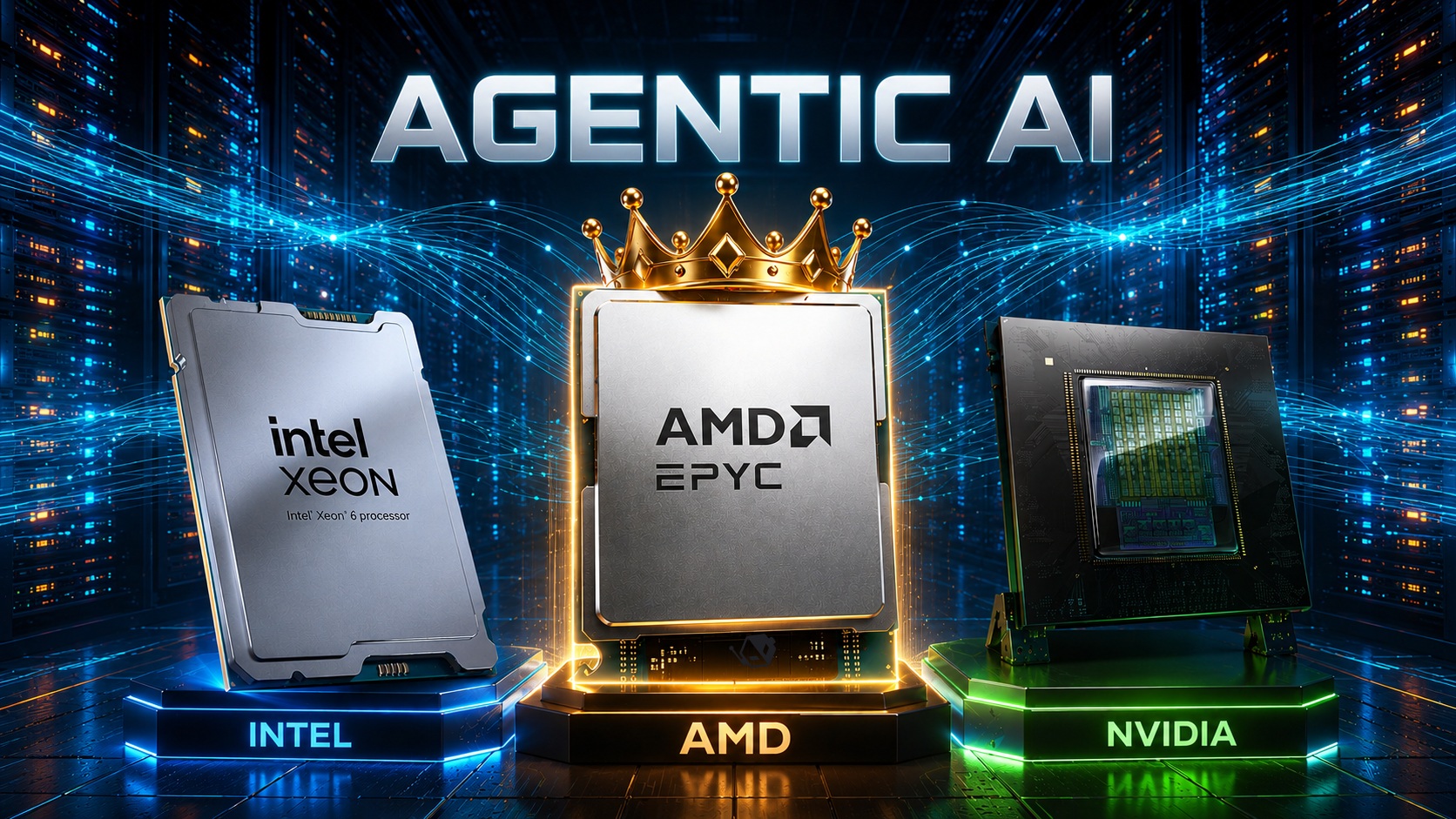 Three processors, Intel Xeon, AMD EPYC with a crown, and an NVIDIA chip, are displayed prominently above neon-lit platforms under the title 'Agentic AI'.
