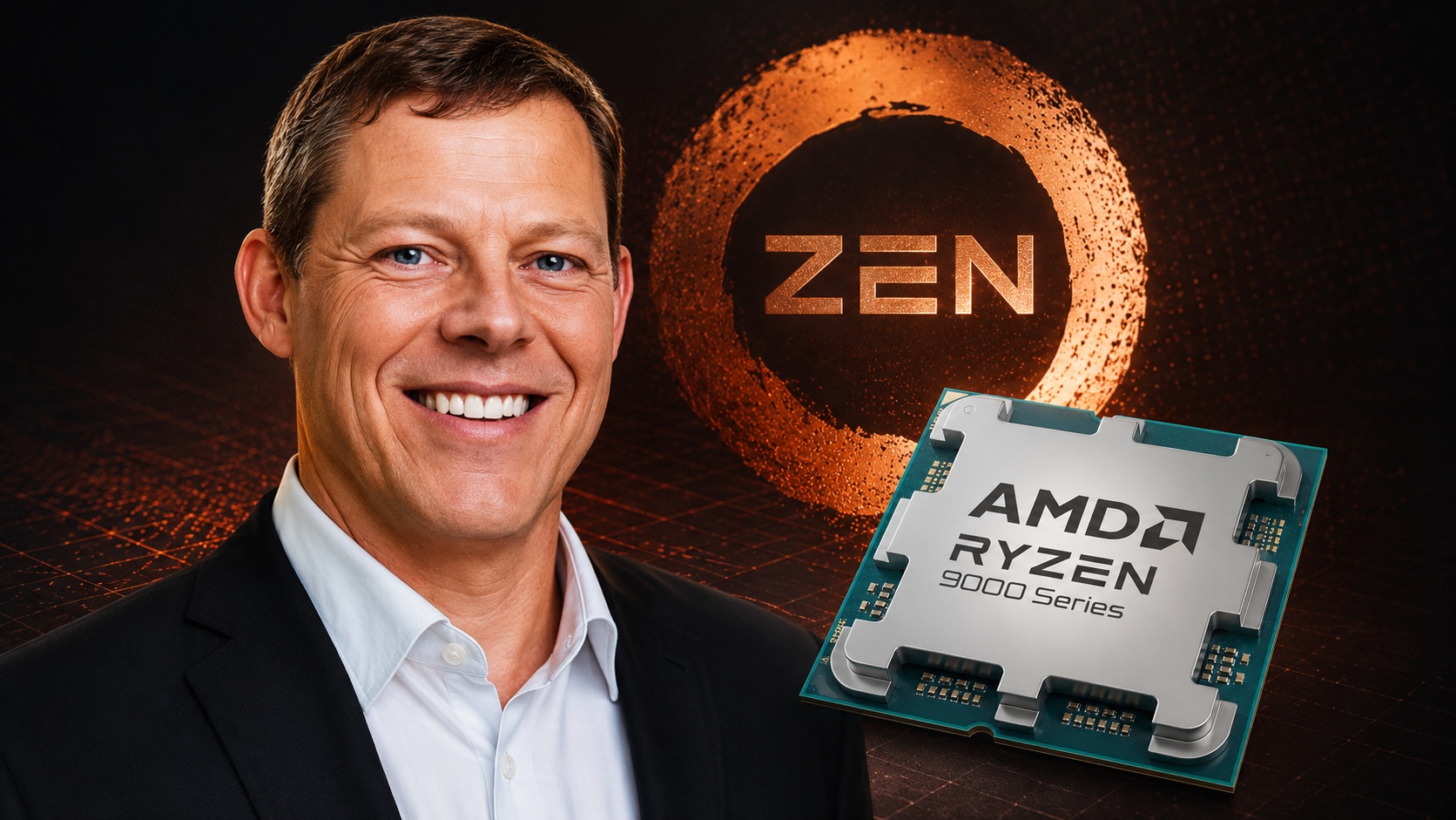 A man standing next to a large AMD Ryzen 9000 Series CPU with a 'ZEN' logo in the background.