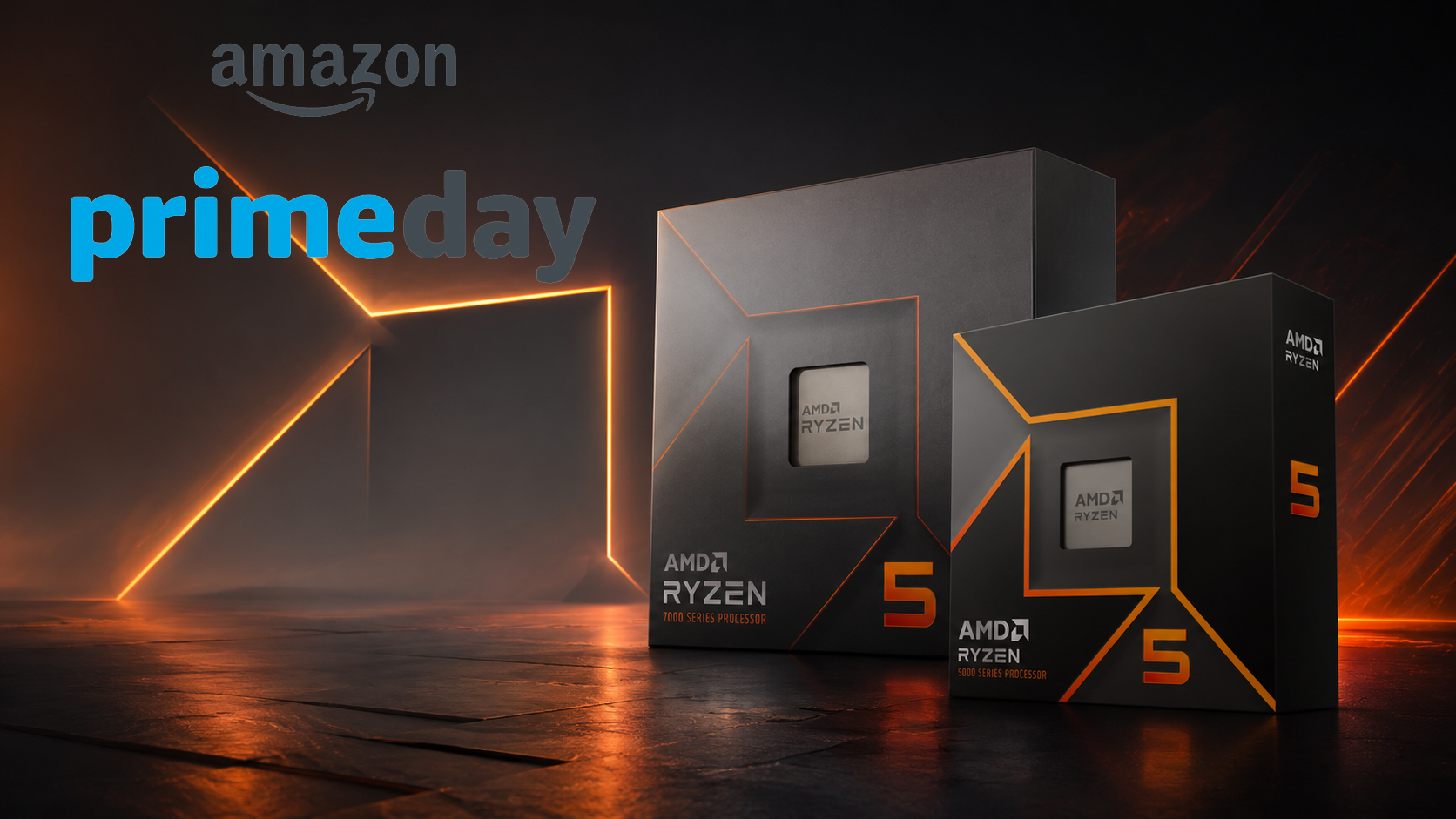 AMD Ryzen 7000 and 5000 series processor boxes are displayed alongside the text 'Amazon Prime Day' against an orange-lit geometric background.