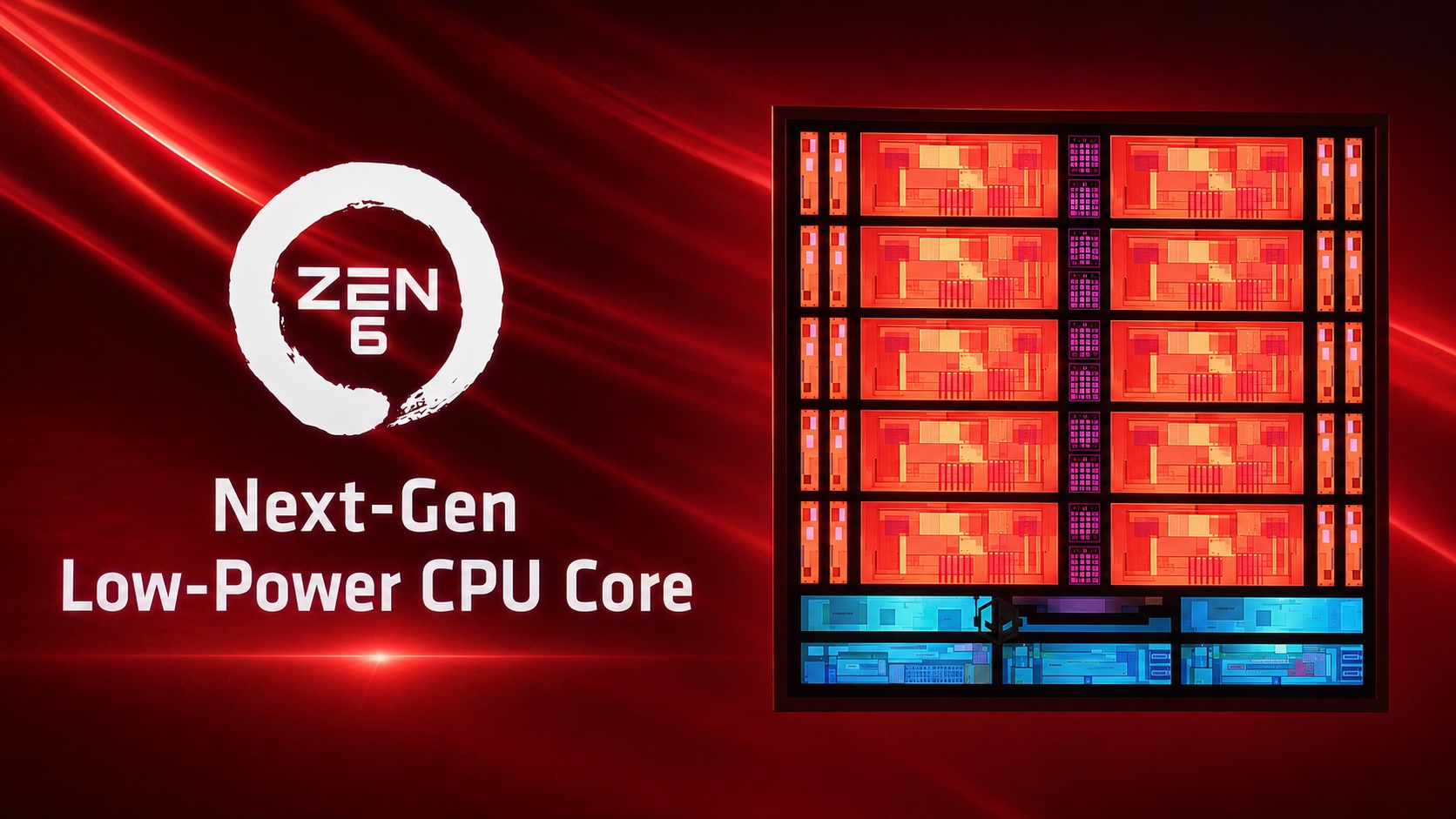 An AMD promotional image shows the 'Zen 6' logo next to text reading 'Next-Gen Low-Power CPU Core,' alongside a detailed CPU core illustration.