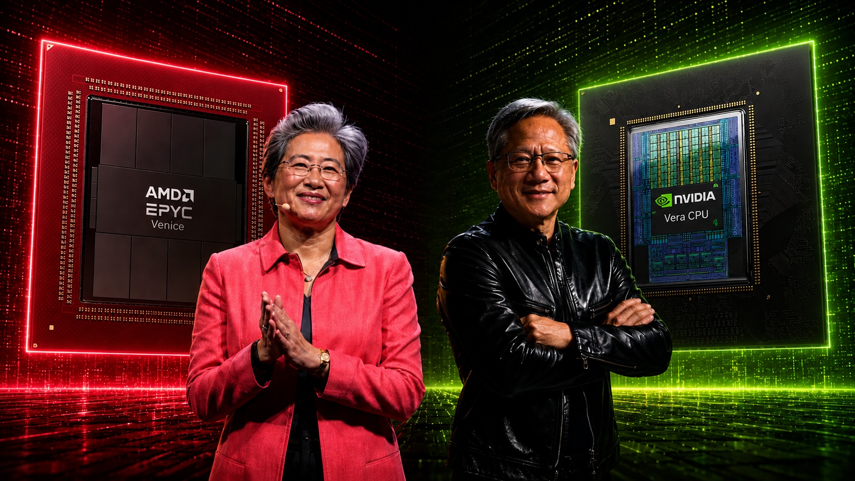 Two people stand in front of large graphics showing 'AMD EPYC Venice' and 'NVIDIA Vera CPU.'