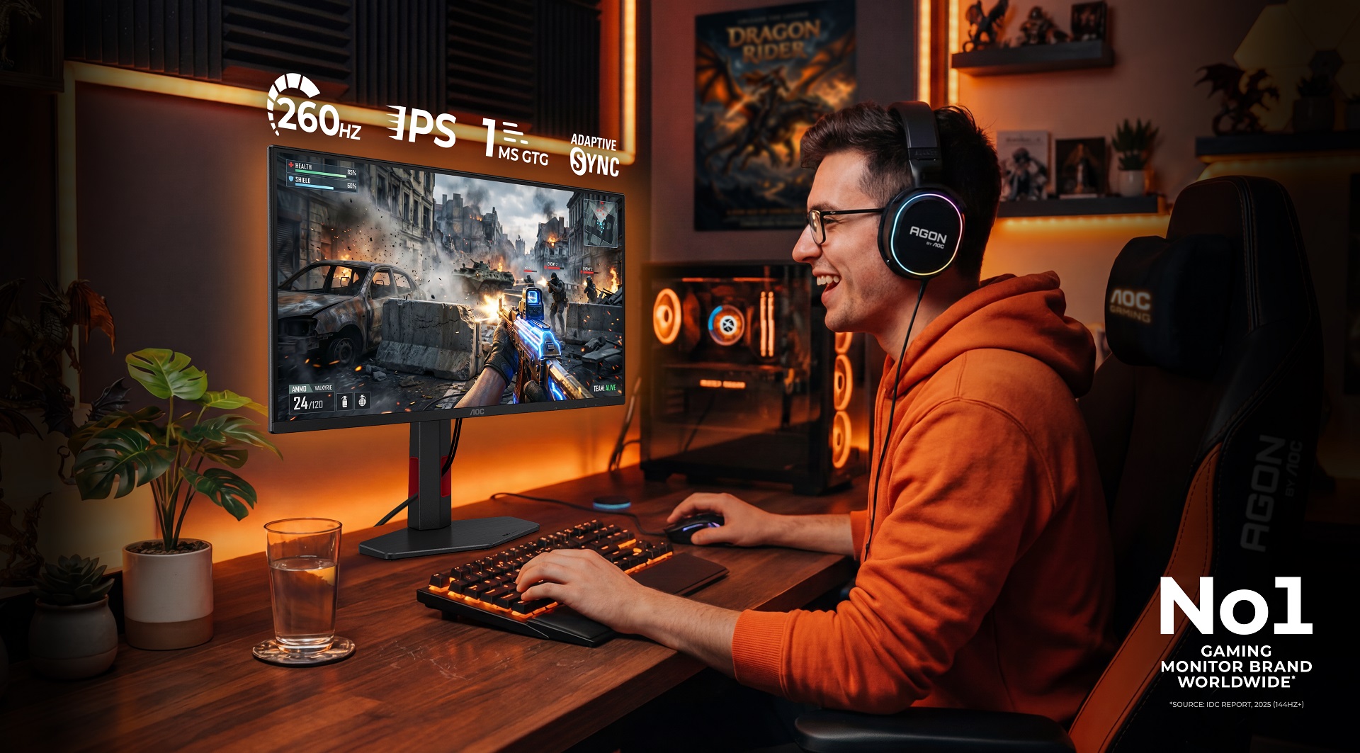 A person wearing AGON headphones is playing a video game on an AOC monitor displaying '260Hz IPS 1MS GTG Adaptive Sync' with an on-screen HUD showing 'Health 80%', 'Shield 60%', and 'Ammo 24/120'.