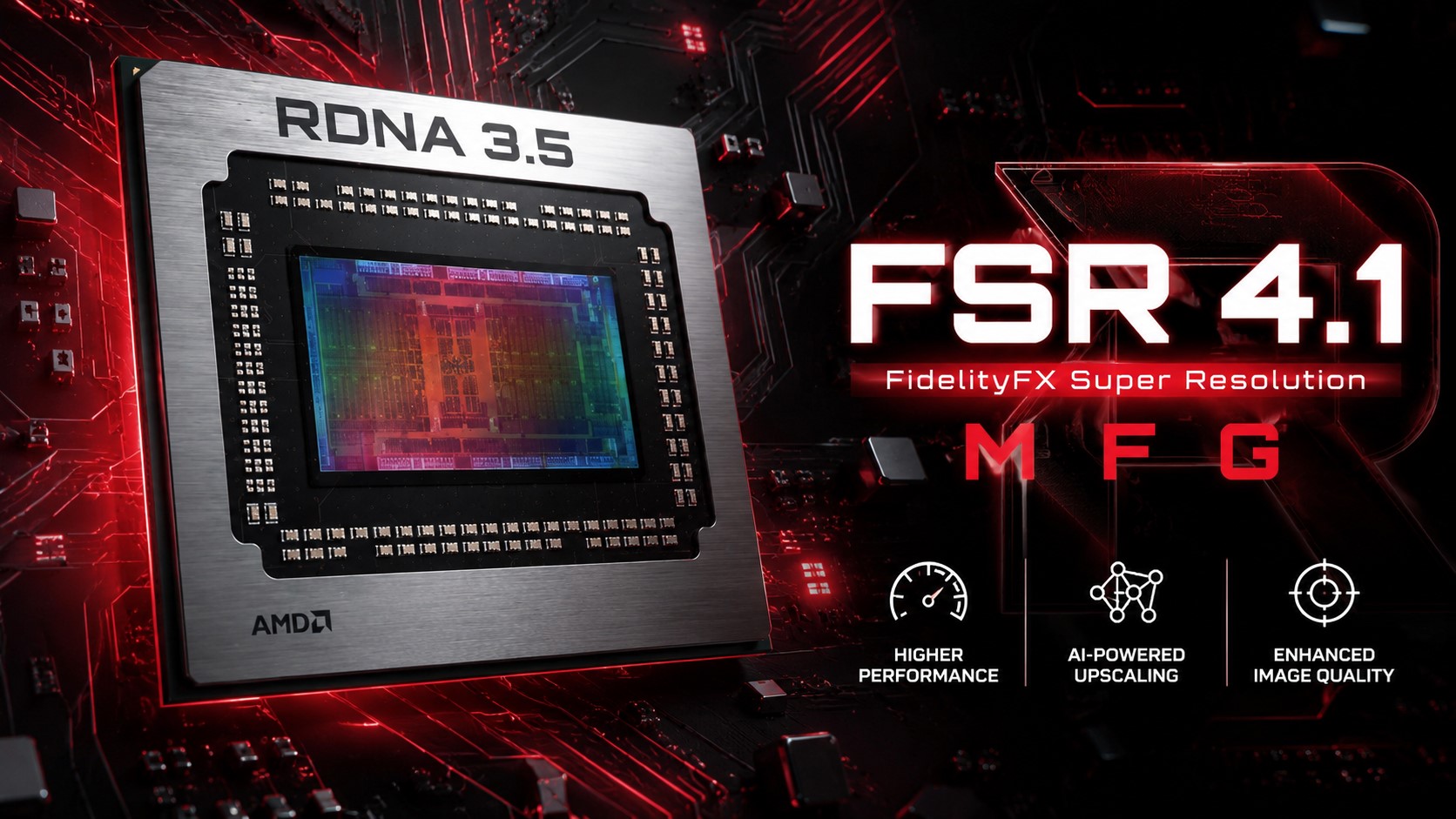 An AMD RDNA 3.5 chip is displayed beside text reading 'FSR 4.1 FidelityFX Super Resolution' and icons for higher performance, AI-powered upscaling, and enhanced image quality.