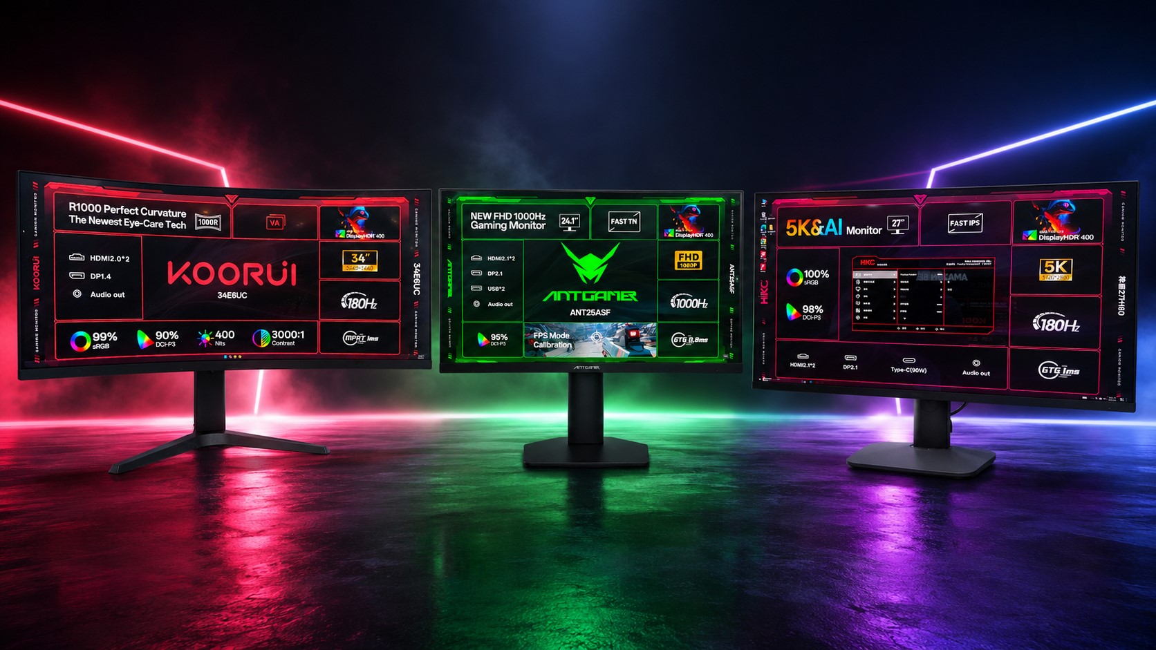 Three gaming monitors are displayed: a KOORUI 34E6UC with features like 'R1000 Perfect Curvature' and '180Hz', an ANT GAMER ANT25ASF with 'FHD 1000Hz', and an HKC 27F1HG with '5K&AI Monitor' and '180Hz'.