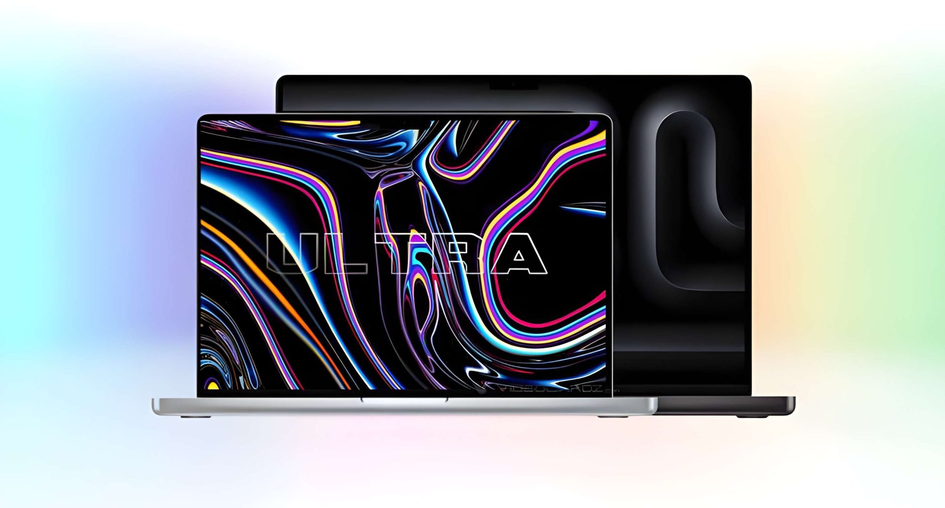 A silver laptop with a vibrant swirling color pattern on its screen displaying the word 'ULTRA,' partially obscures a second, darker laptop with a similar design.