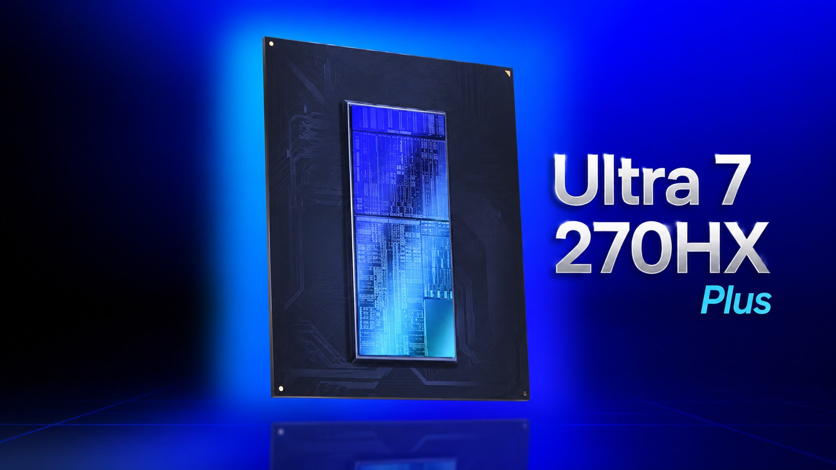 A close-up of an Intel processor beside text reading 'Ultra 7 270HX Plus' against a blue background.