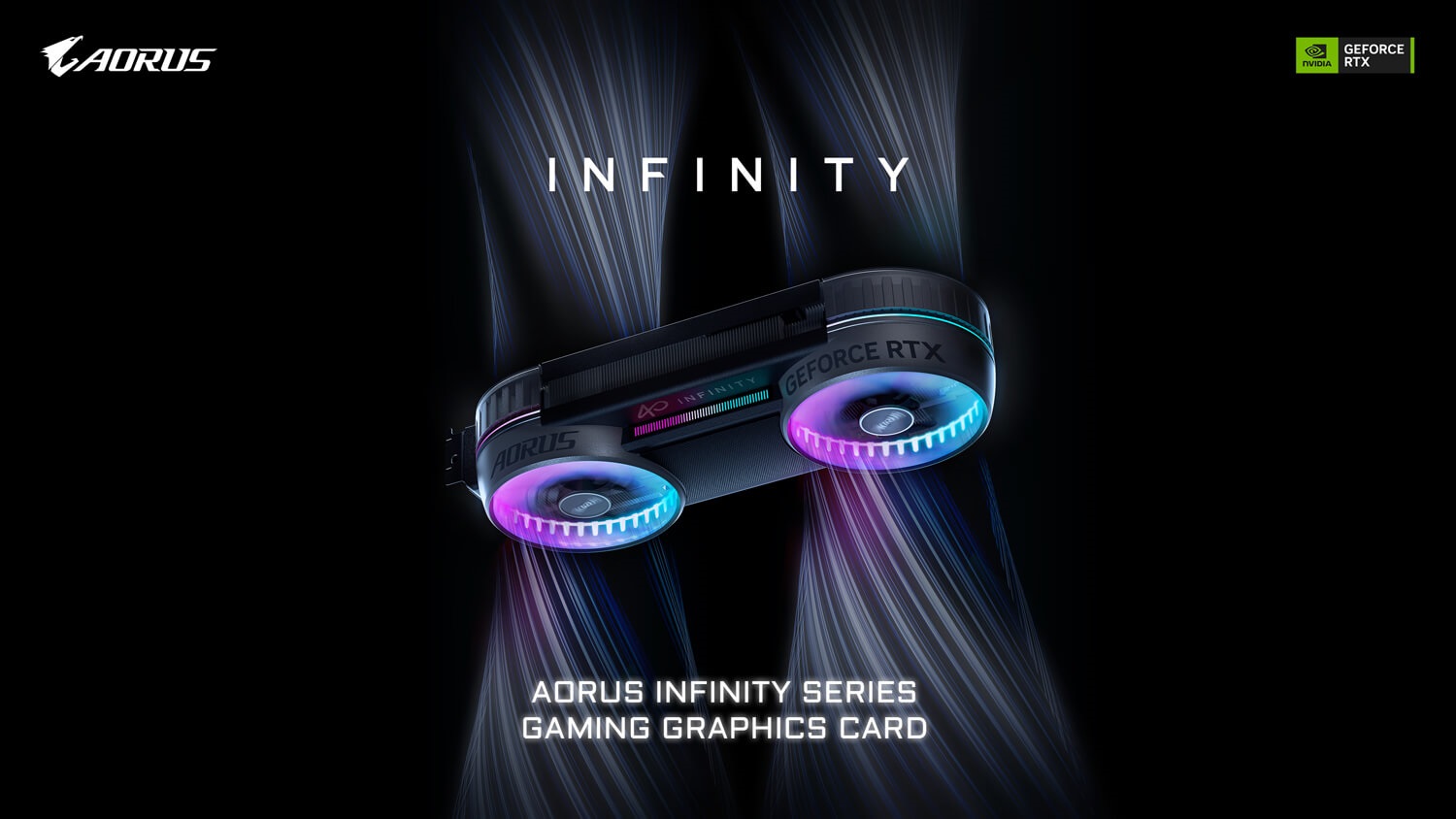 Aorus Infinity series gaming graphics card featuring dual fans with RGB lighting and 'GeForce RTX' branding.