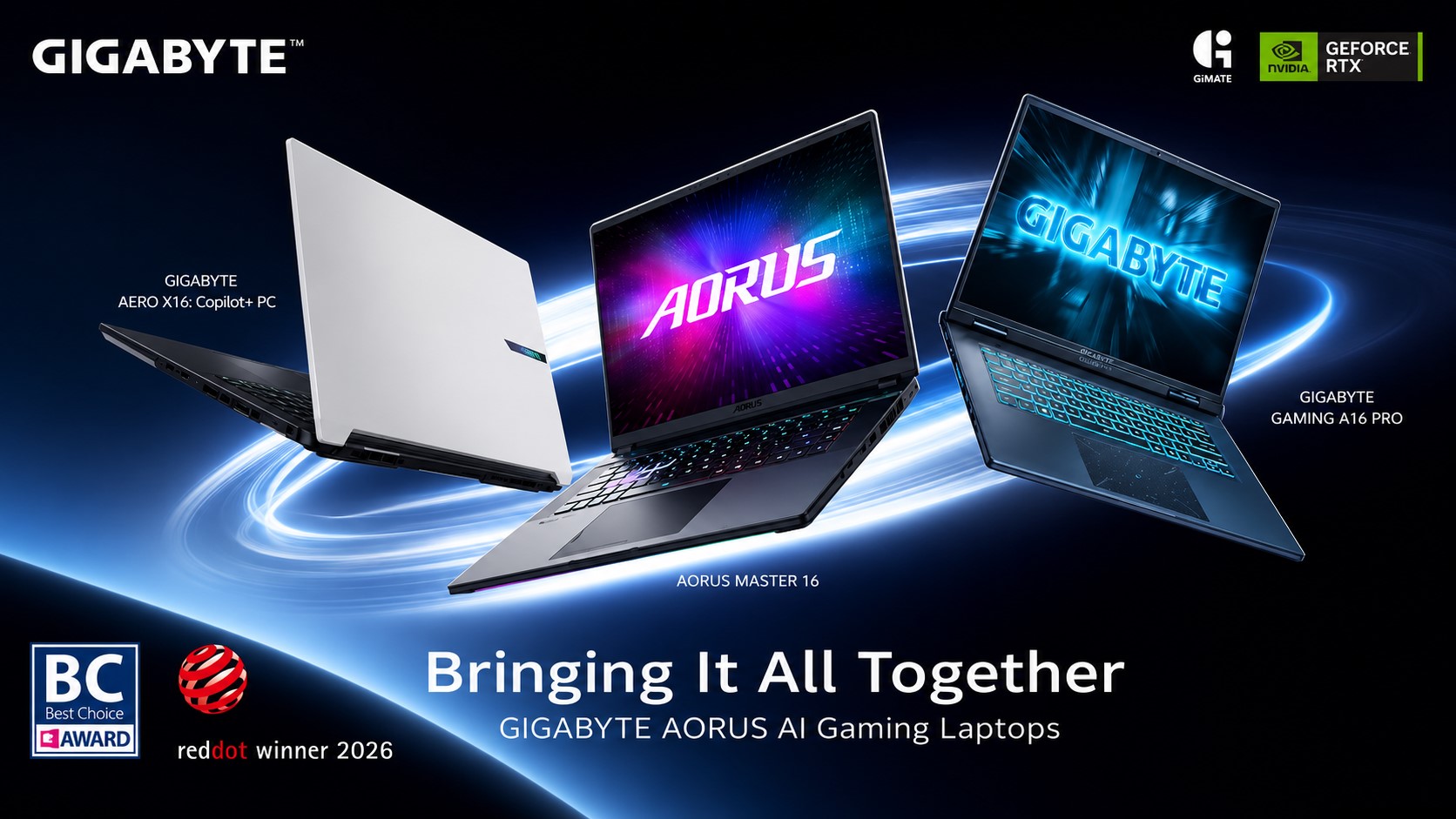 Three GIGABYTE laptops are featured: AERO X16 Copilot+ PC, AORUS MASTER 16, and GAMING A16 PRO, with the text 'Bringing It All Together' and logos for NVIDIA GeForce RTX, GiMate, and award mentions.