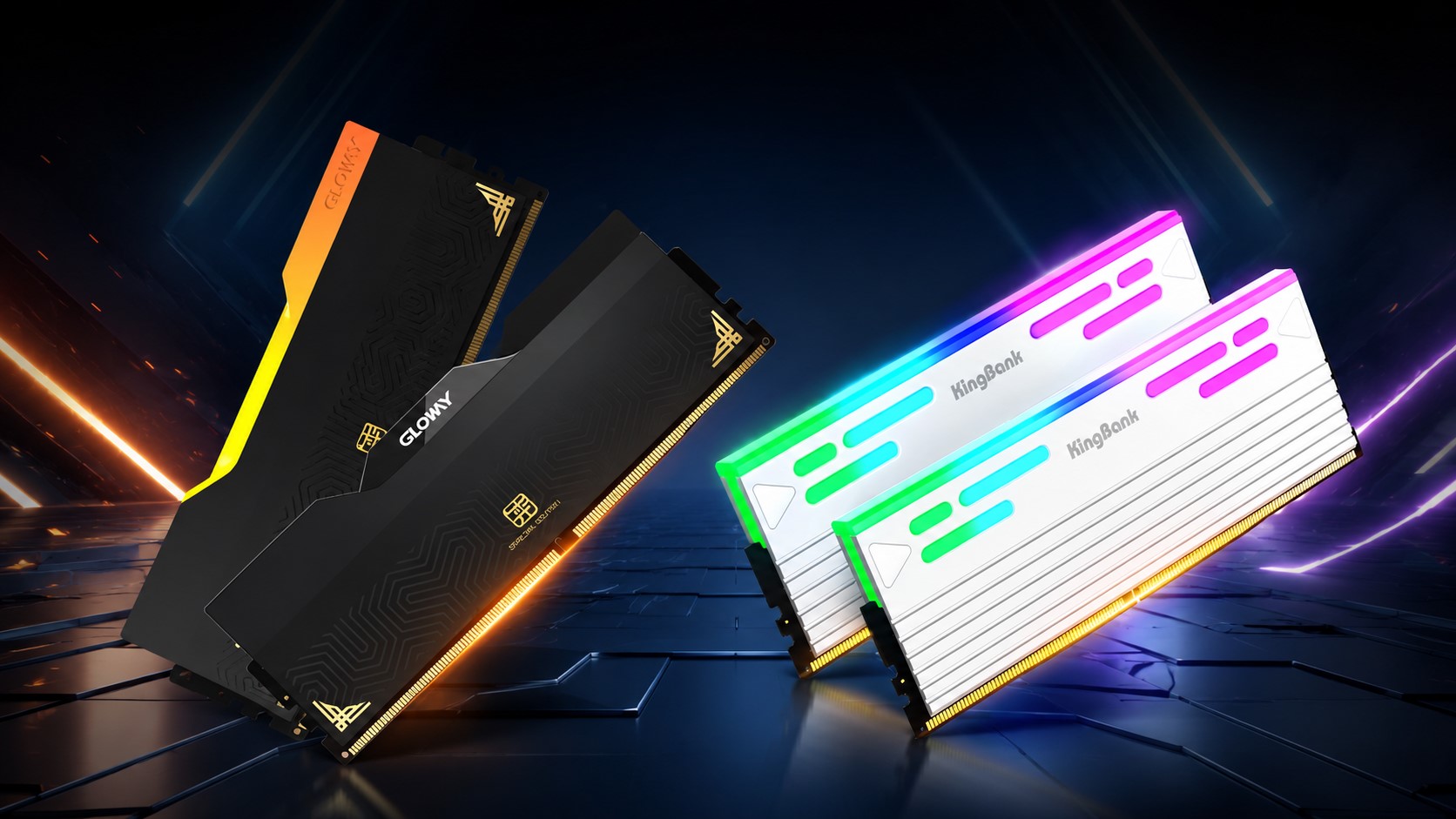 Two RAM modules branded as GLOWAY and KingBank, with the GLOWAY module featuring a black and orange design and the KingBank module showcasing a white design with RGB lighting.