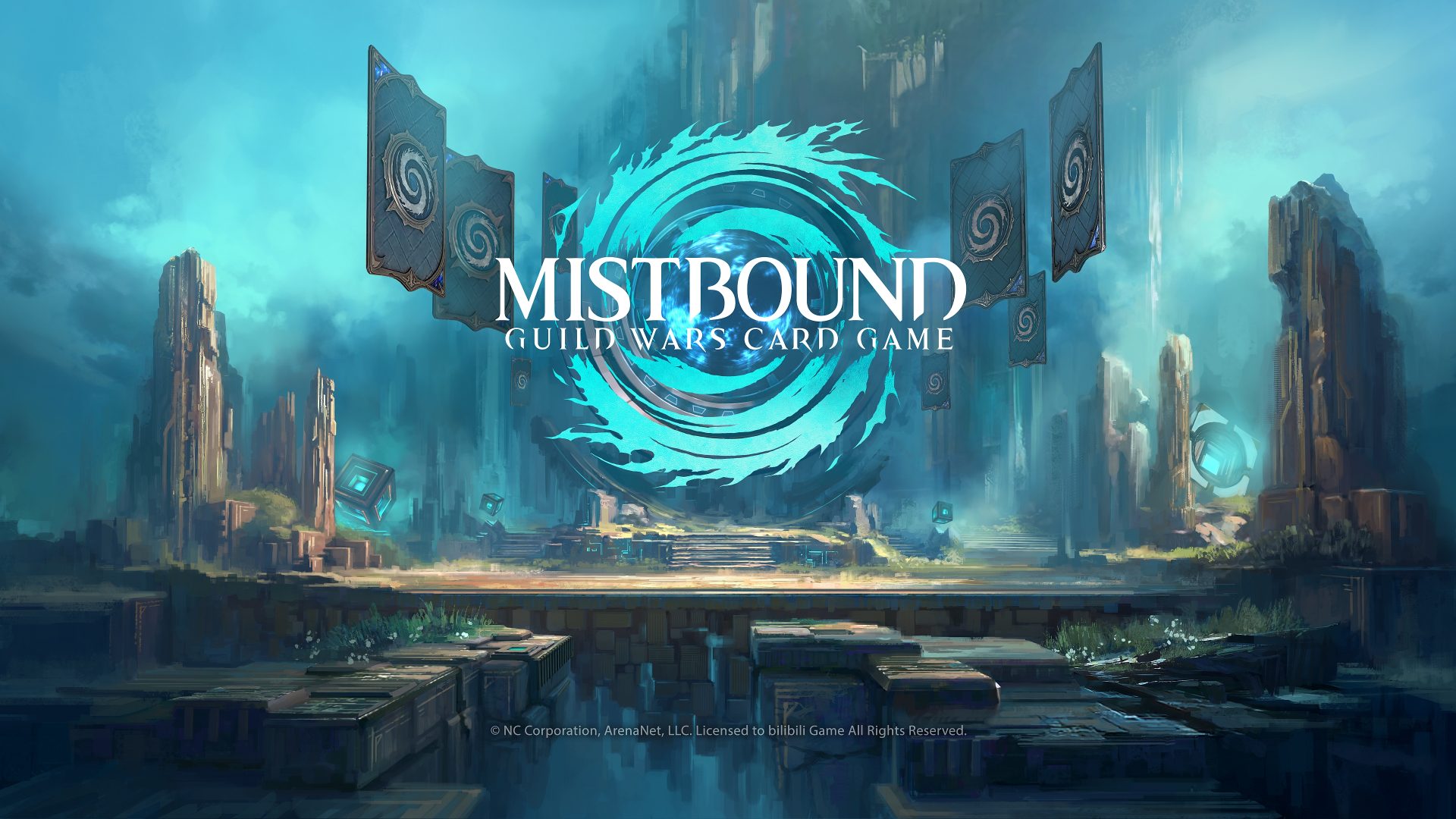 A fantasy-themed landscape with floating cards and the title 'Mistbound Guild Wars Card Game' prominently displayed in the center.