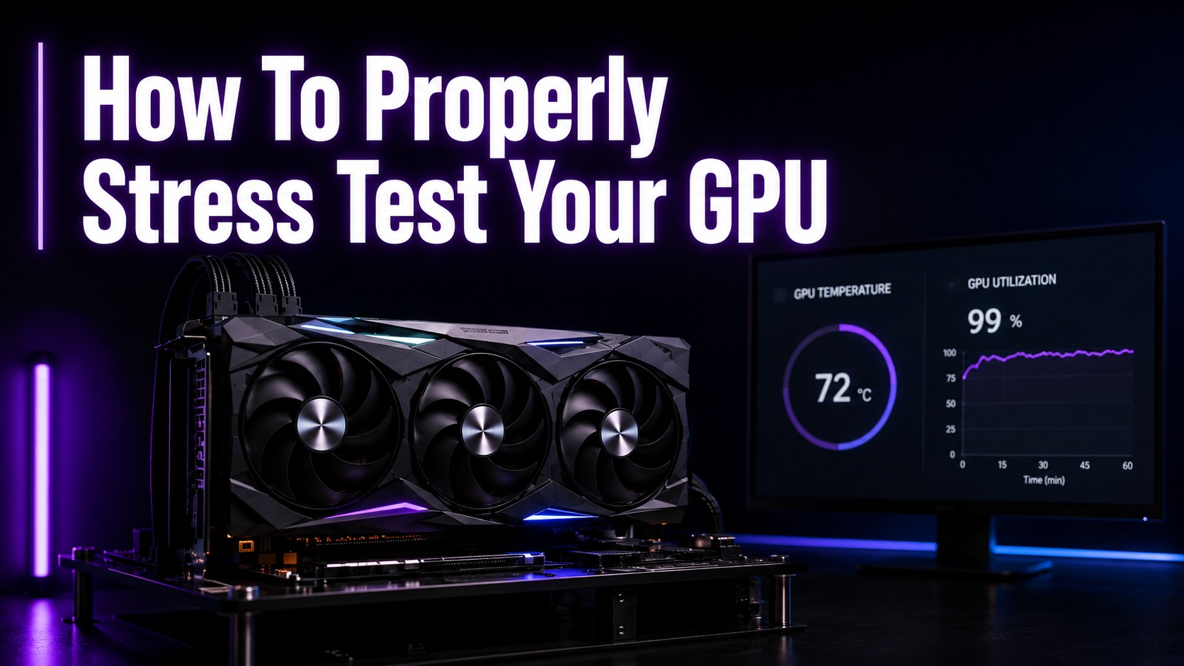 A gaming GPU setup displays a monitor showing 'GPU TEMPERATURE' at 72°C and 'GPU UTILIZATION' at 99%, with text above reading 'How To Properly Stress Test Your GPU'.