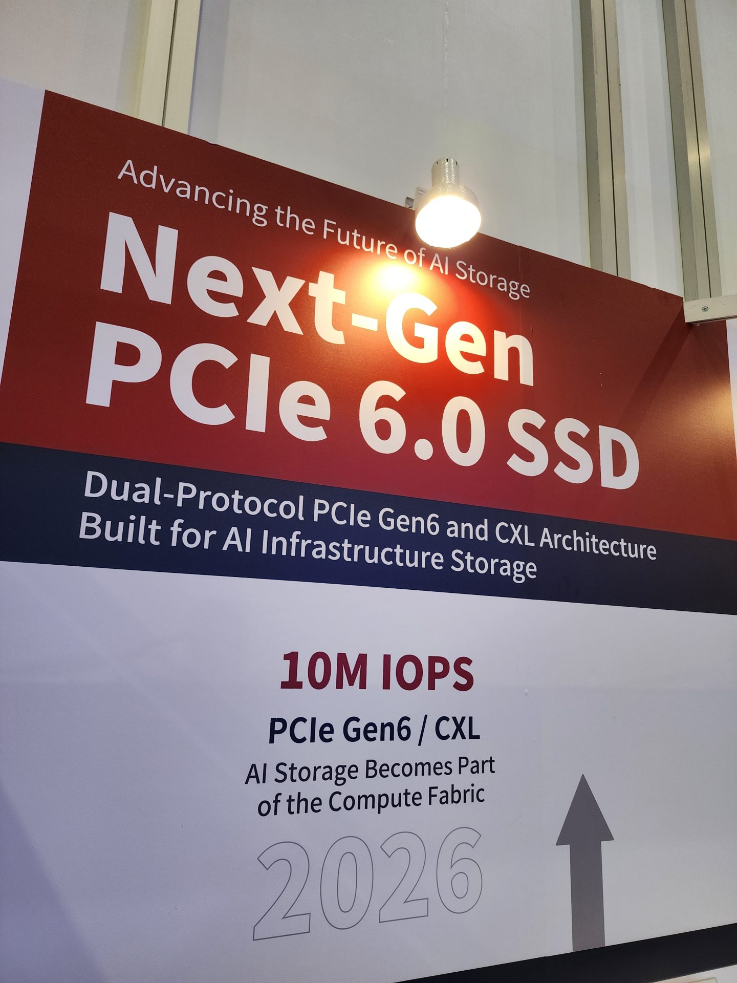 A sign promoting 'Next-Gen PCIe 6.0 SSD' highlights features like 'Dual-Protocol PCIe Gen6 and CXL Architecture,' '10M IOPS,' and the year '2026' as part of AI storage advancements.