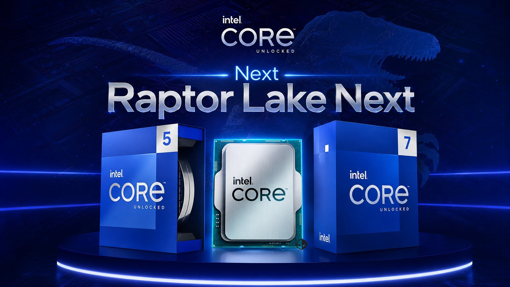 An Intel presentation slide shows boxes of 'intel CORE unlocked' processors with a large chip and the text 'Next Raptor Lake Next.'