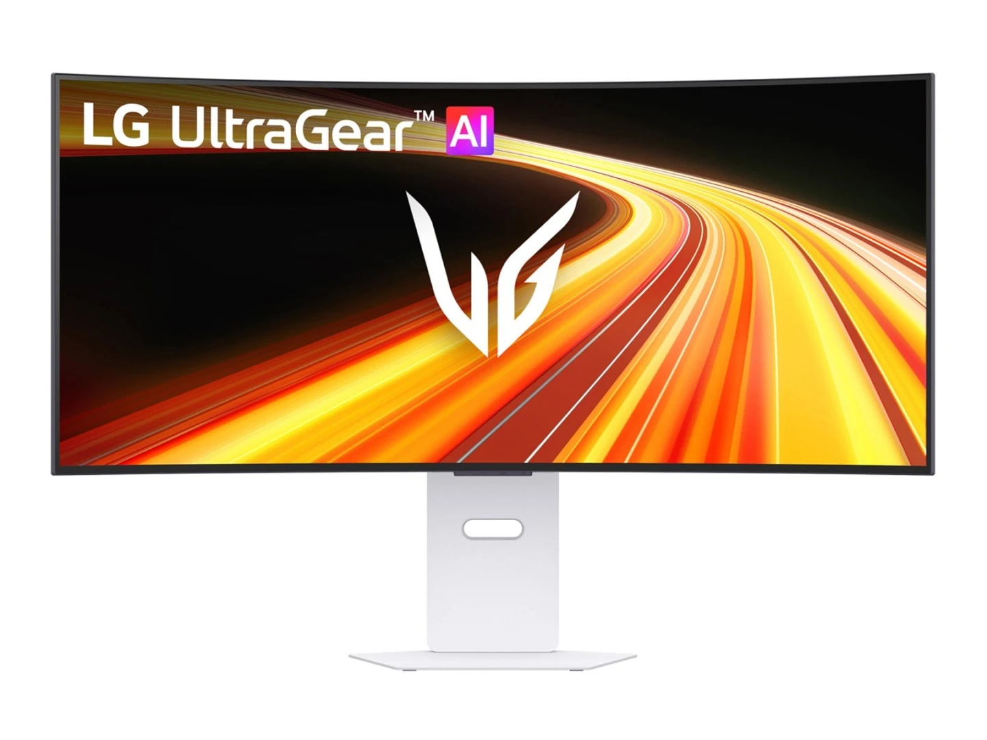 A curved LG UltraGear AI monitor displays a vibrant graphic with the UltraGear logo and the slogan