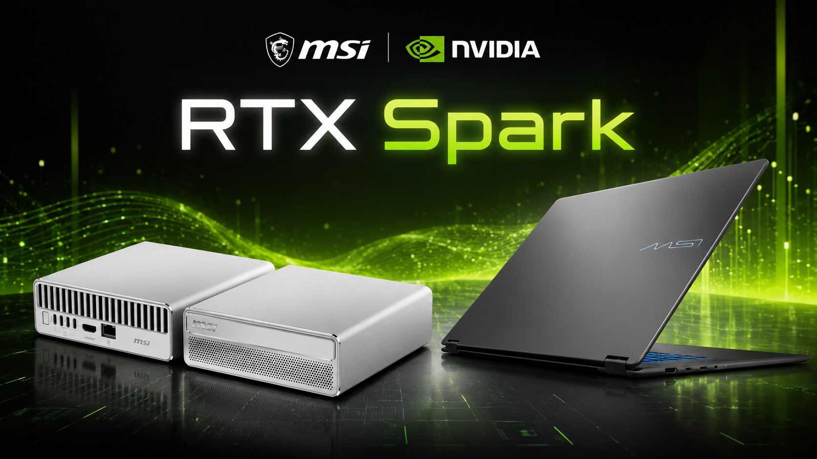 MSI and NVIDIA collaborate on the 'RTX Spark,' featuring two compact silver devices with MSI branding and a sleek MSI laptop, against a futuristic green digital background.